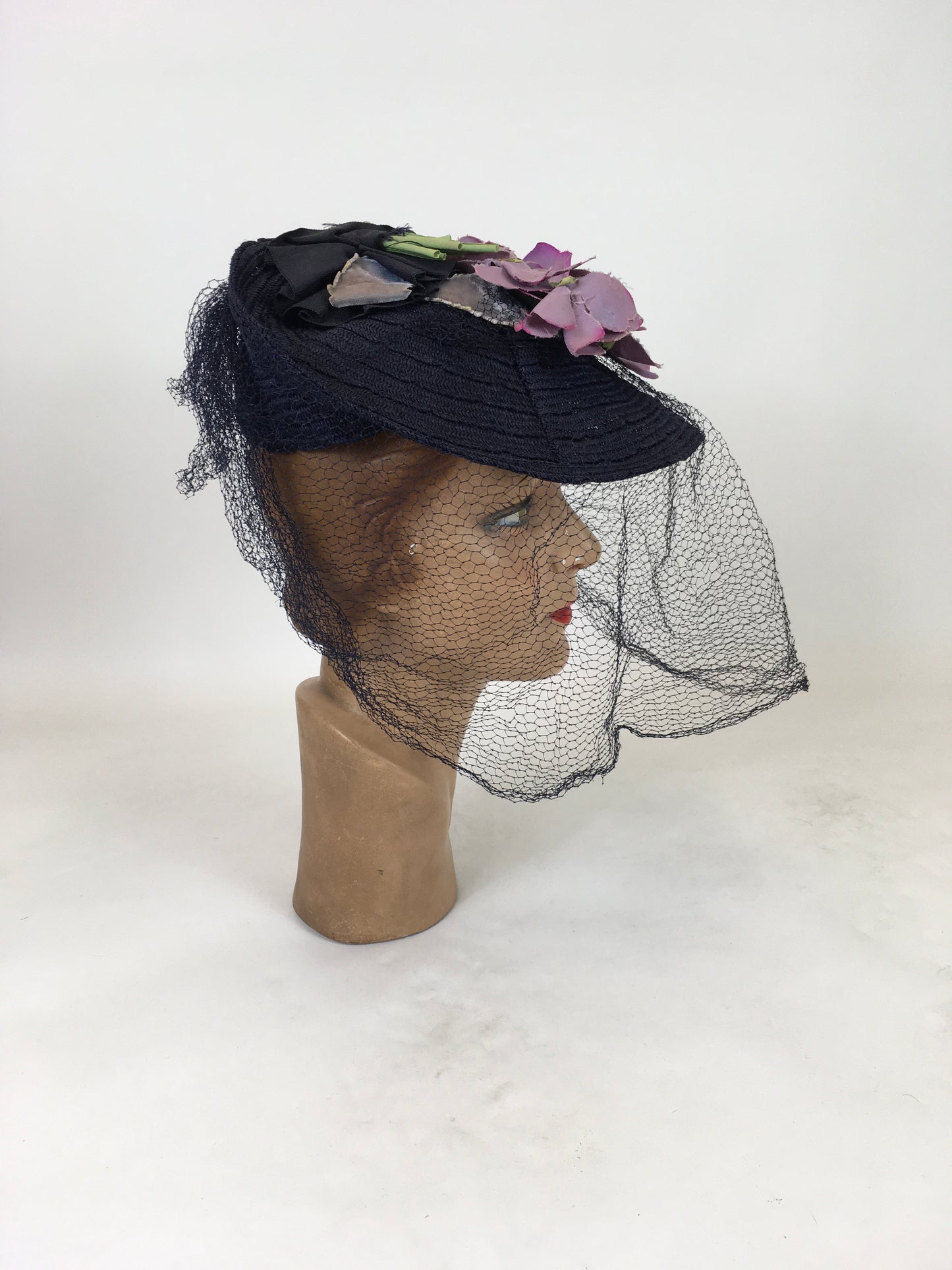 Original 1940's Sensational Navy Straw Tilt Hat - Adorned With Purple Millinery Blooms