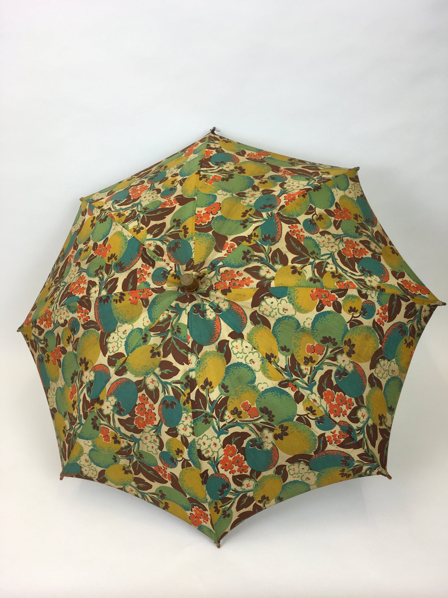 Original 1930s Sun Parasol in a Stunning Floral and Fruit Cotton - In Deco Oranges, Greens, Chartreuse and Teal