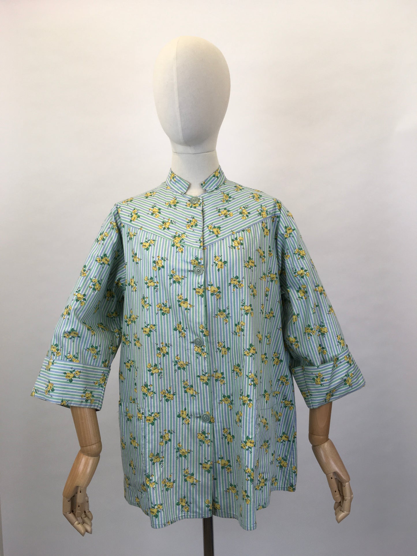 Original 1950s Smock Made By ‘ Country Reg’d ‘ - In a Lovely Contrast Floral and Stripe in Soft Greens, Blues and Buttercup Yellows