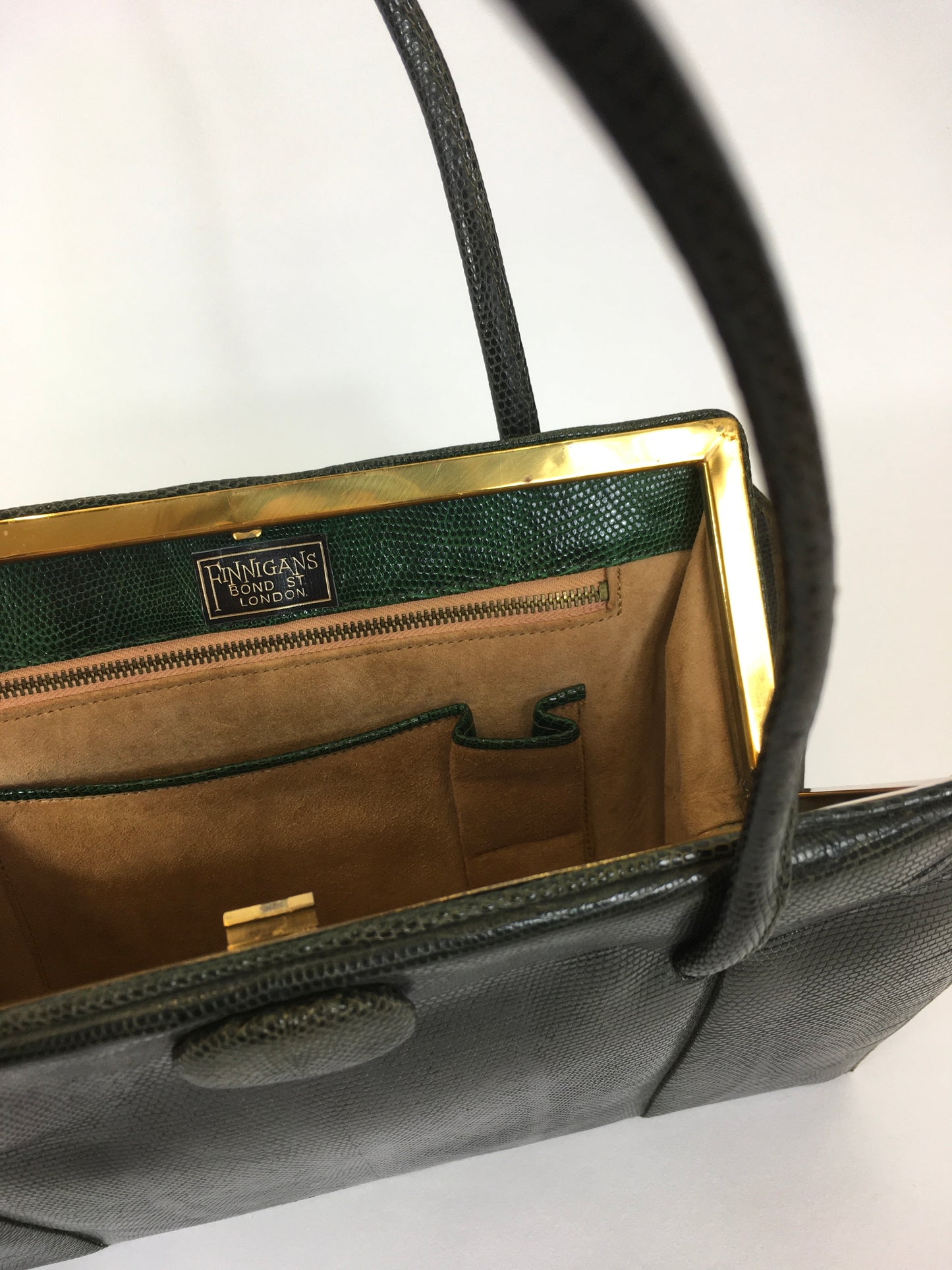 Original Late 1940’s Dark Green Leather Handbag - By ‘ Finnigans Label of London ‘