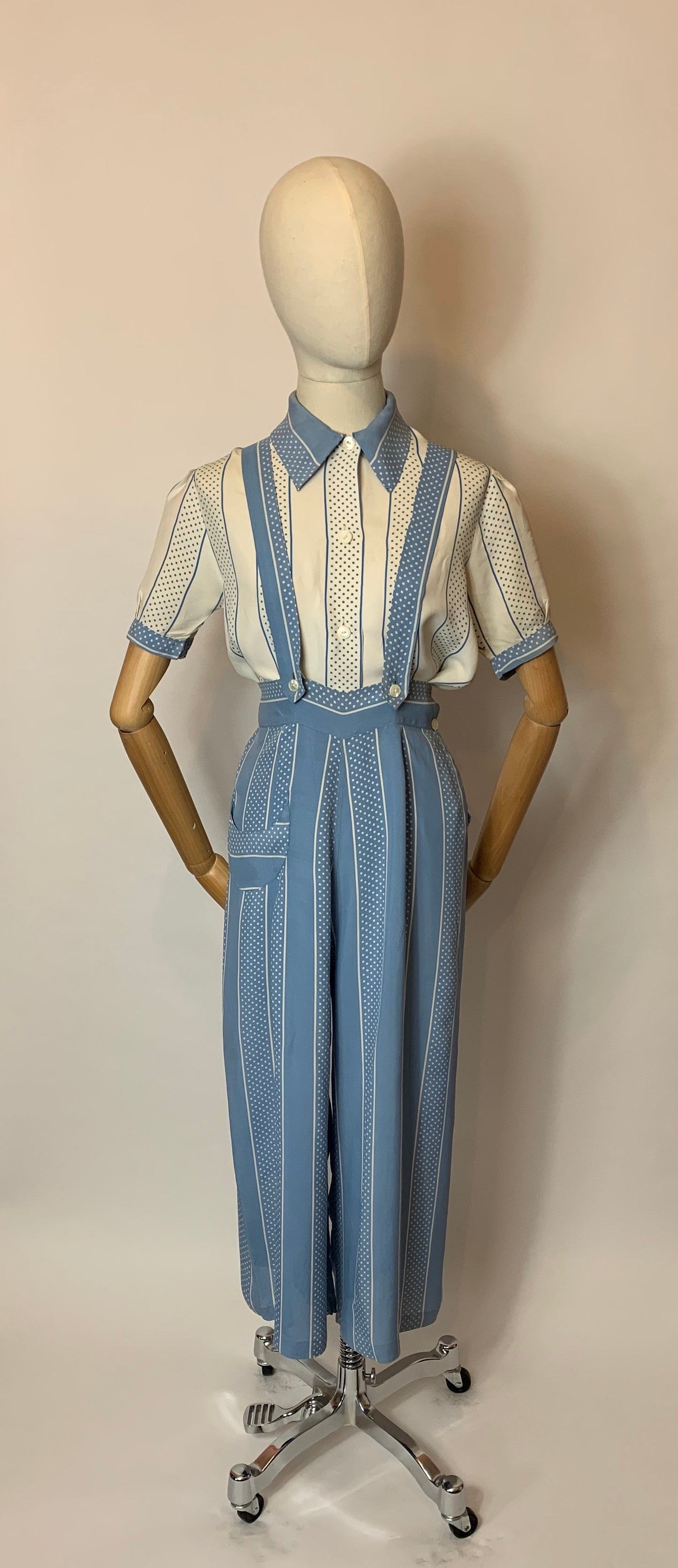 Original 1940’s 2 pc Blouse & Dungaree Set - In the Most Summery Of Colour Pallets with Polka Dots