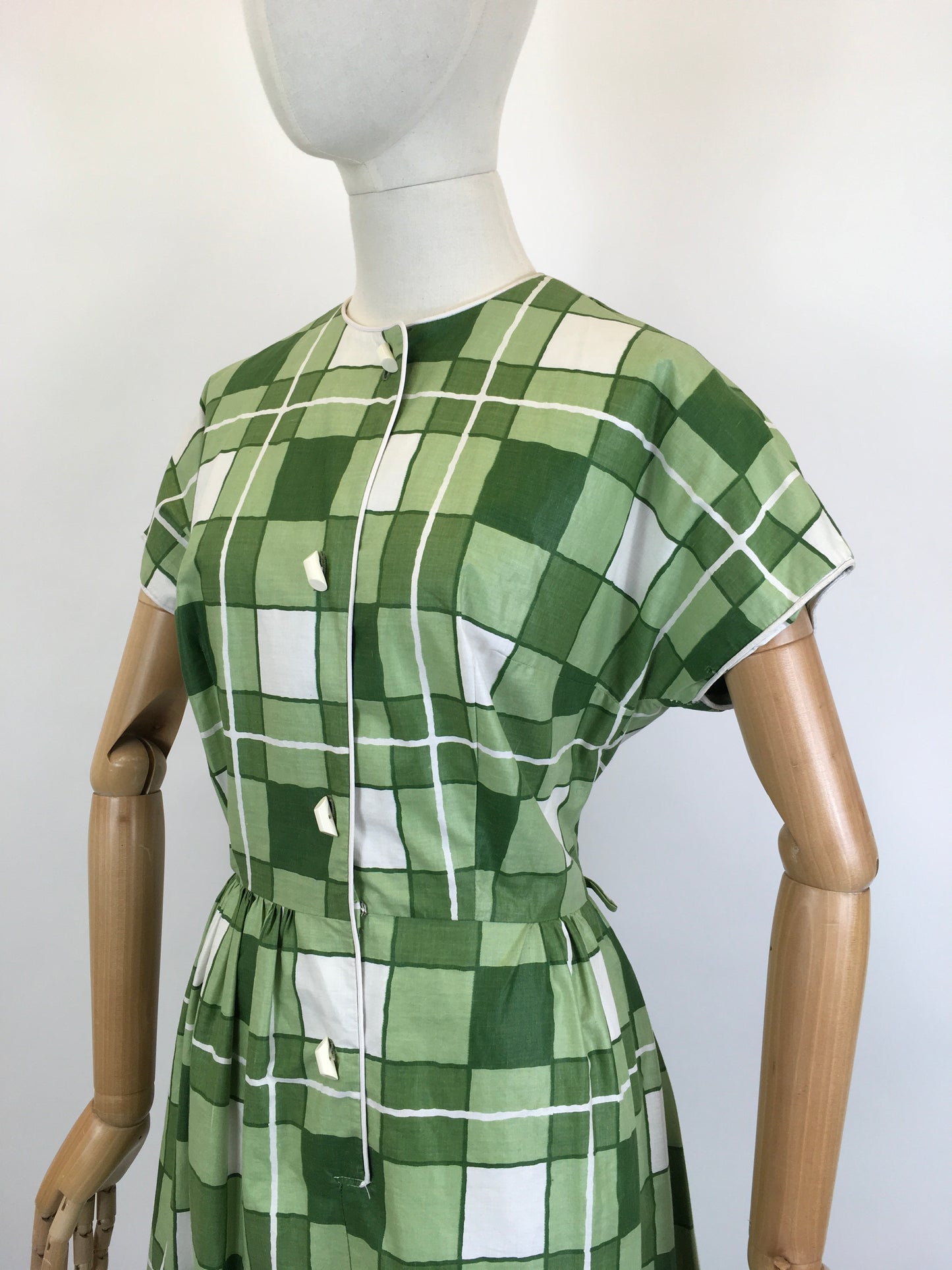 Original 1950's Darling Cotton Day Dress - In Shades of Green & White