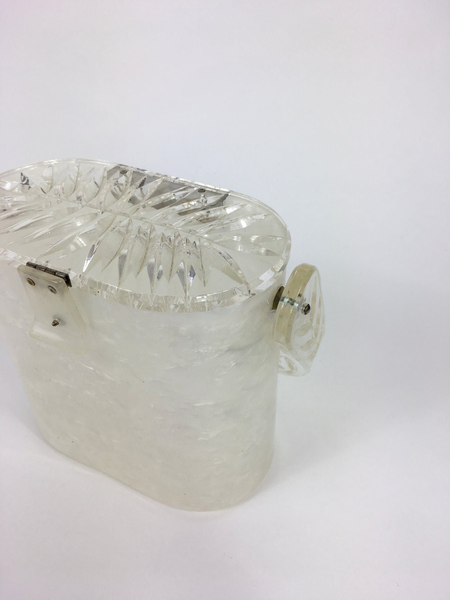 Original 1950s Lucite Handbag - White Marbled Base and Clear Leaf Design Lucite Lid and Handle