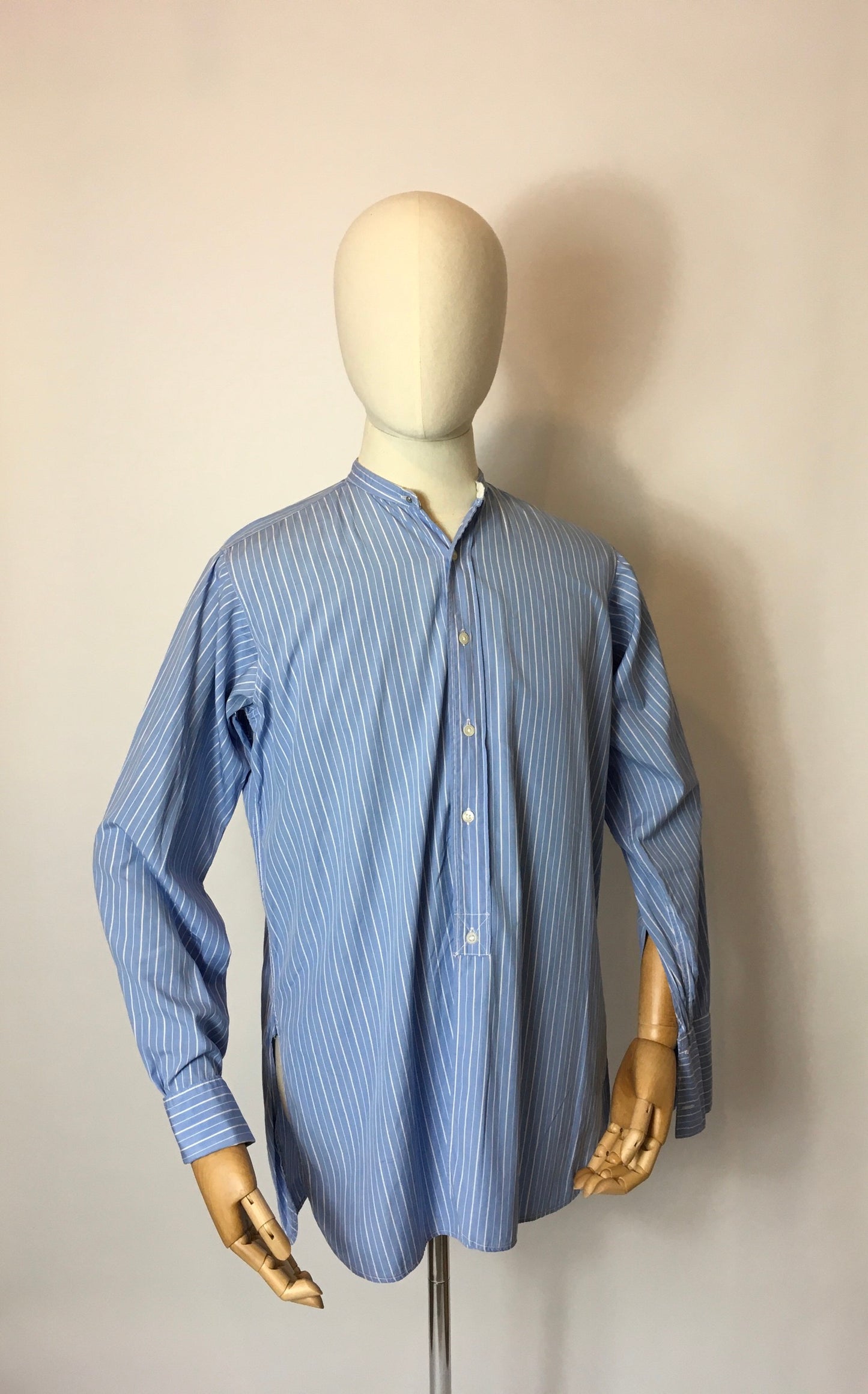 Original 1940’s CC41 Utility St Michael Collarless Shirt - In a Lovely Blue and White Stripe