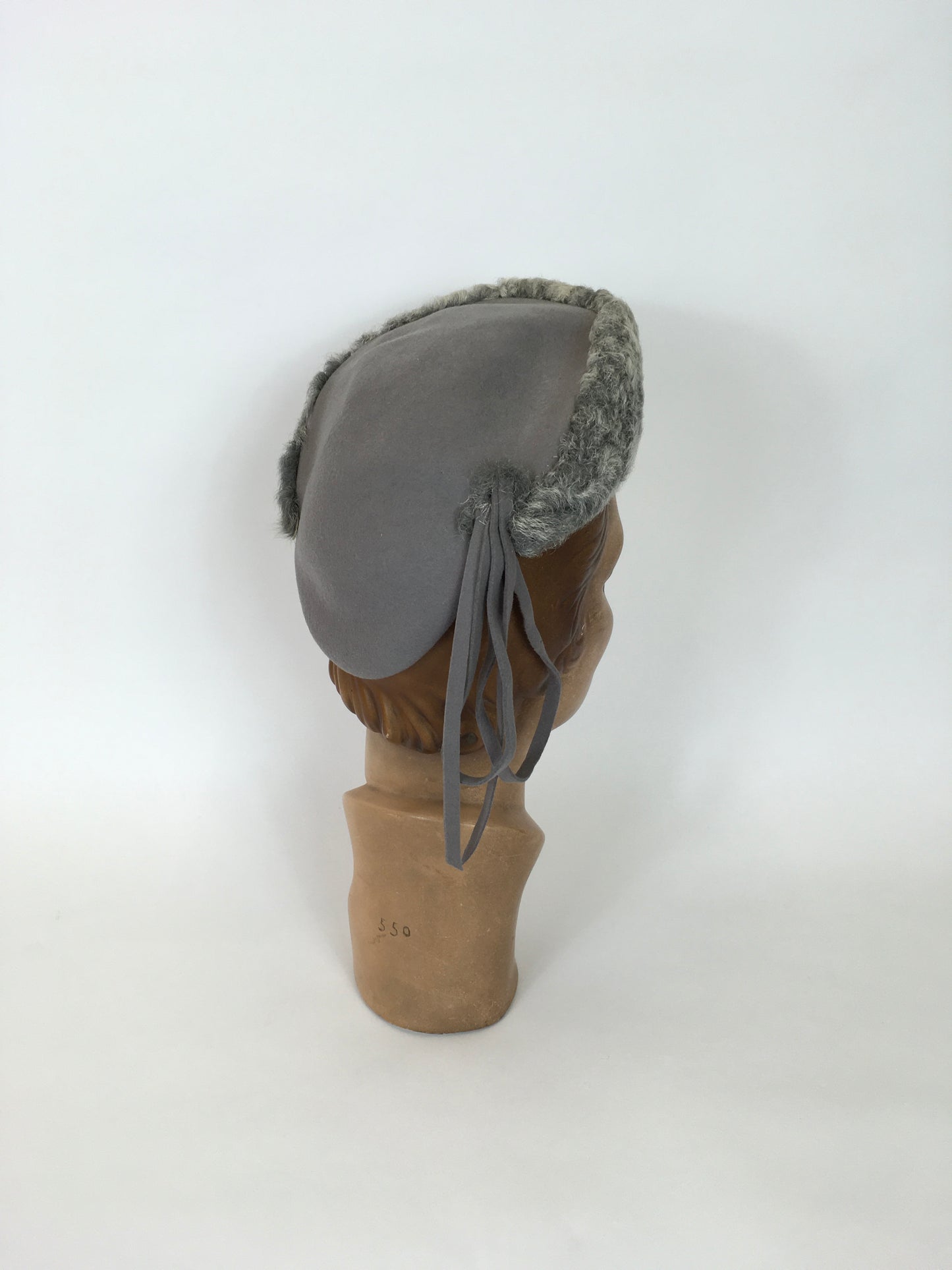 Original 1940s Beautiful Tilt Hat - In A Soft Icy Grey With Grey Astrakhan Trim