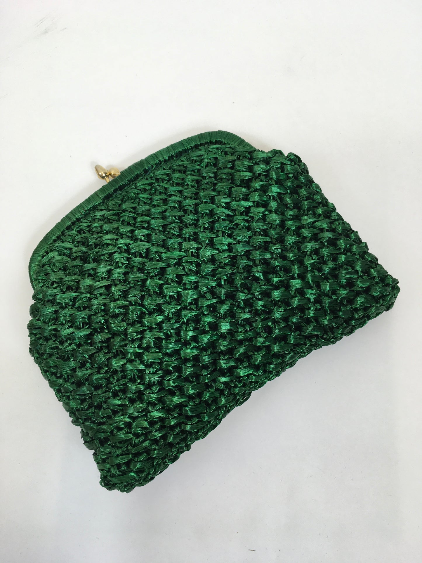 Original 1950's Fabulous Raffia Clutch Bag - In Forest Green with Gold Acorn Clasp