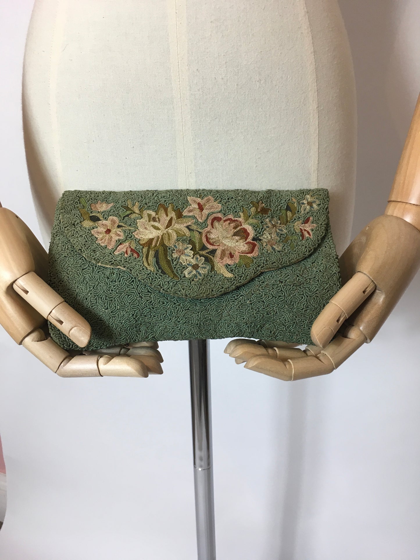 Original Late 1920’s Darling Bag in Eau De Nil Soutache and Pastel Embroidery - Festival of Vintage Fashion Show Exclusive