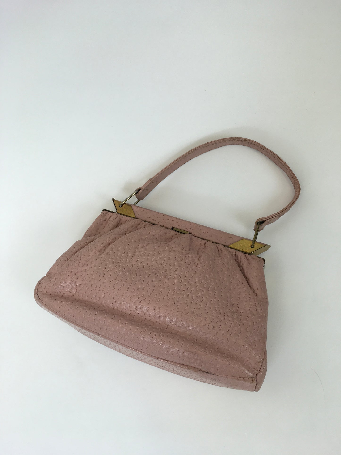 Original 1950’s Ostrich Leather Handbag and Gloves - In a Beautiful Powder Pink