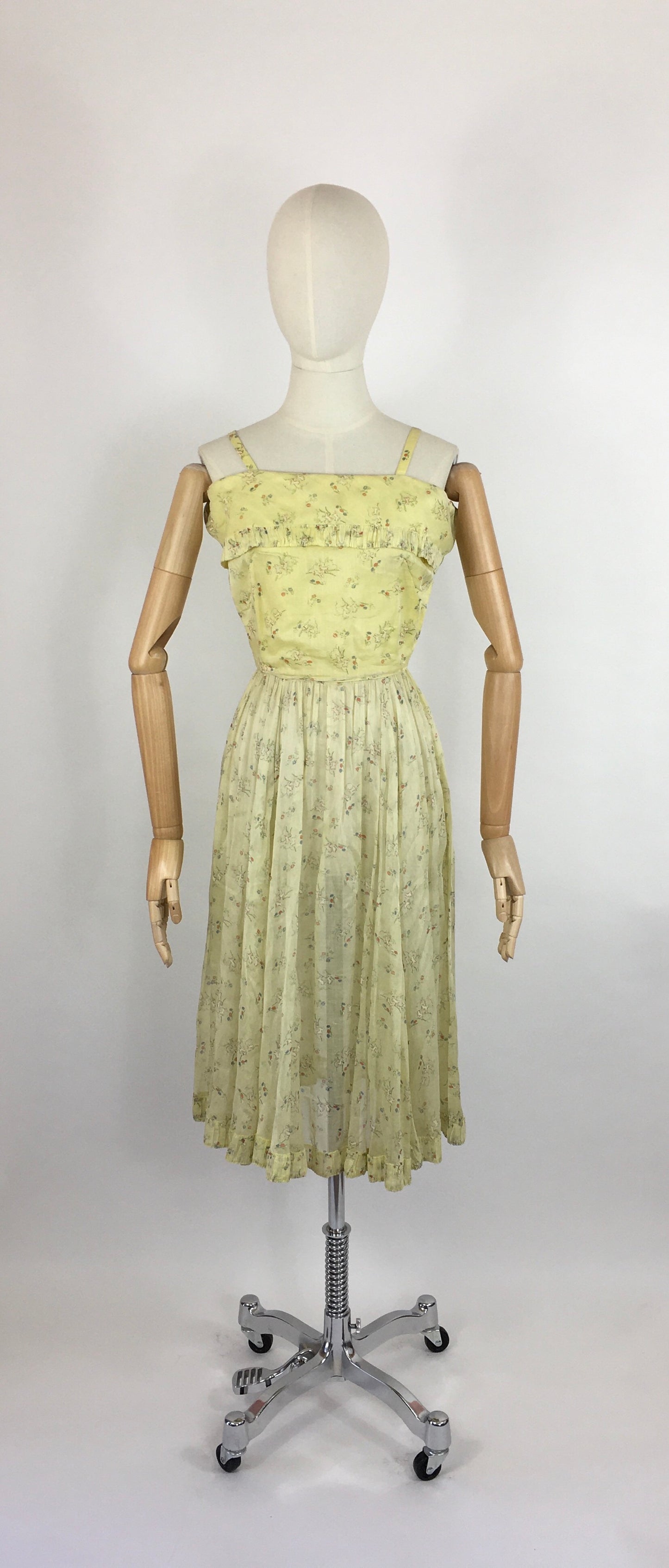 Original 1930s Sundress - In an Amazing Novelty Print Featuring Leaping Lambs and Toadstools On a Pale Lemon Cotton Lawn