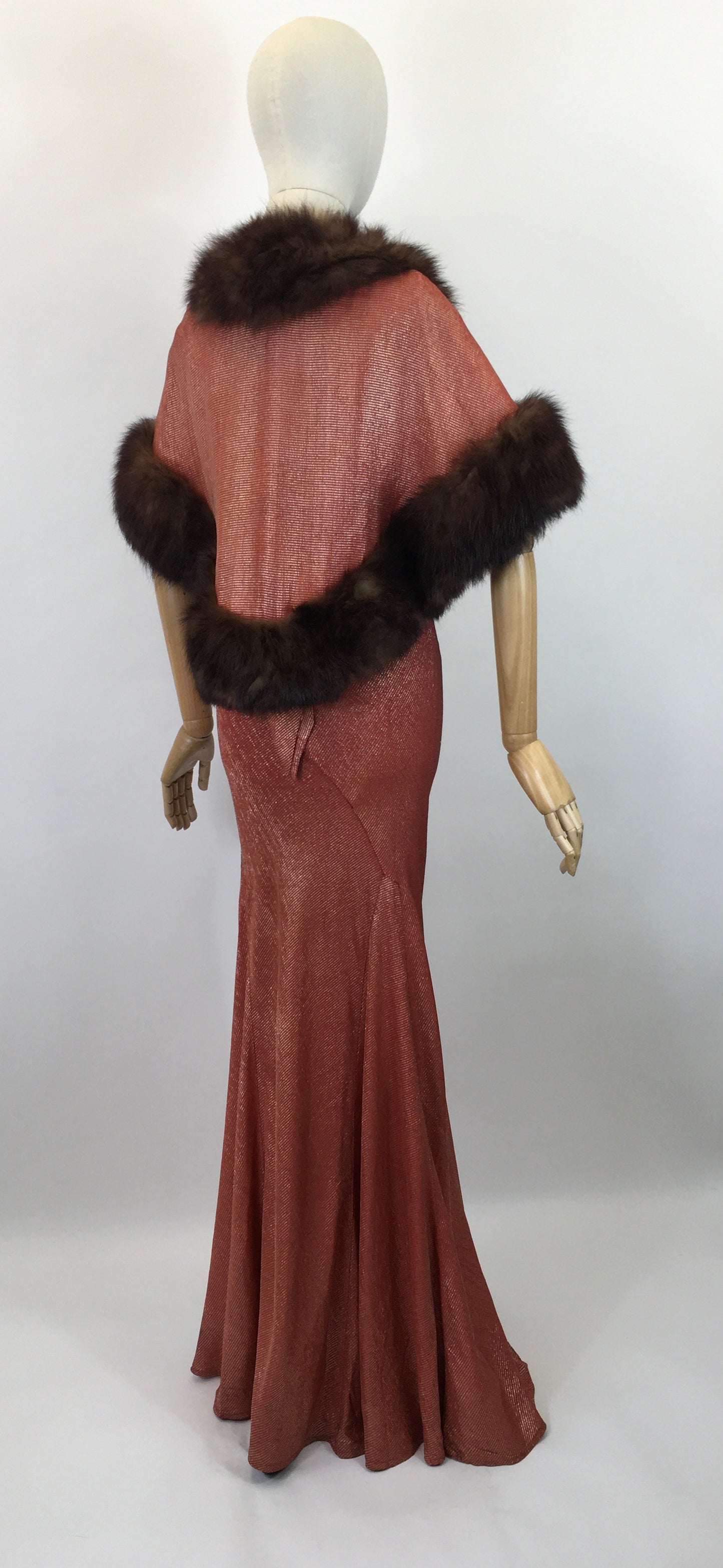 Original SENSATIONAL 1930's Evening Gown with Capelet - In Burnt Orange and Gold Lame with Rabbit Fur Trim
