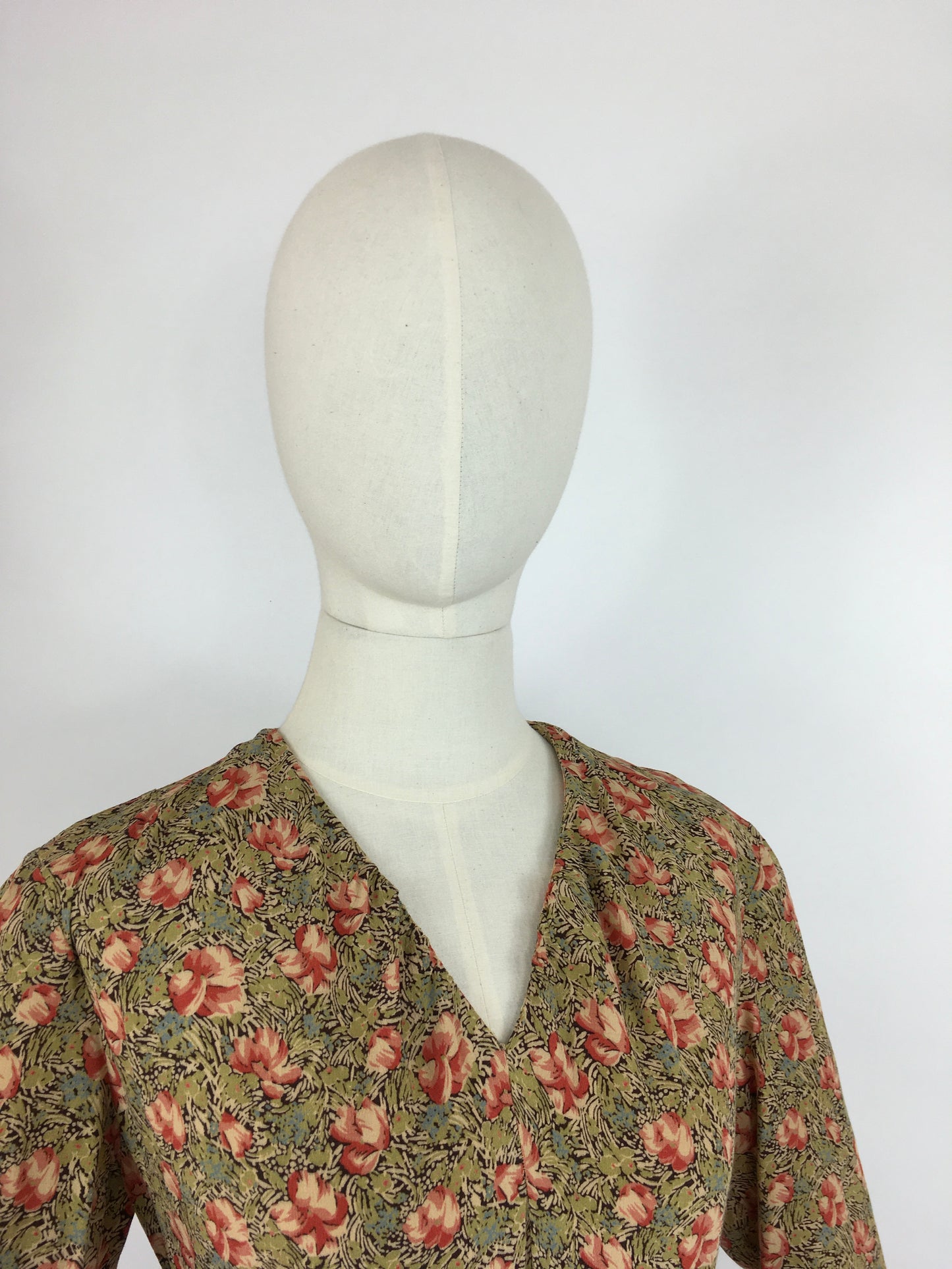 Original 1930s Exquisite Dress - In a Breathtaking Colour Palette Of Warm Rose Pinks and Reds, Tonal Greens and Powder Blues on a Floral Crepe