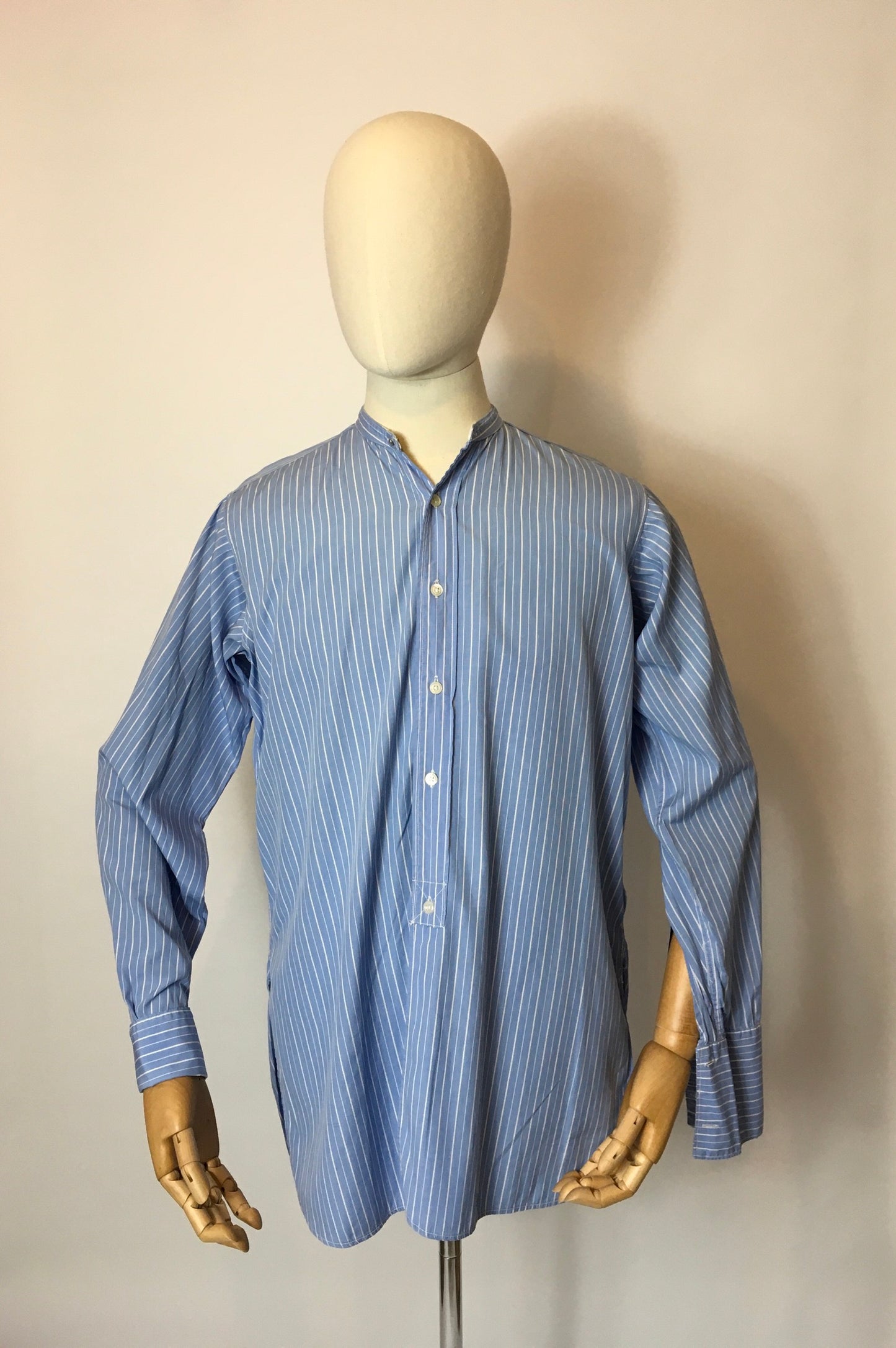 Original 1940’s CC41 Utility St Michael Collarless Shirt - In a Lovely Blue and White Stripe