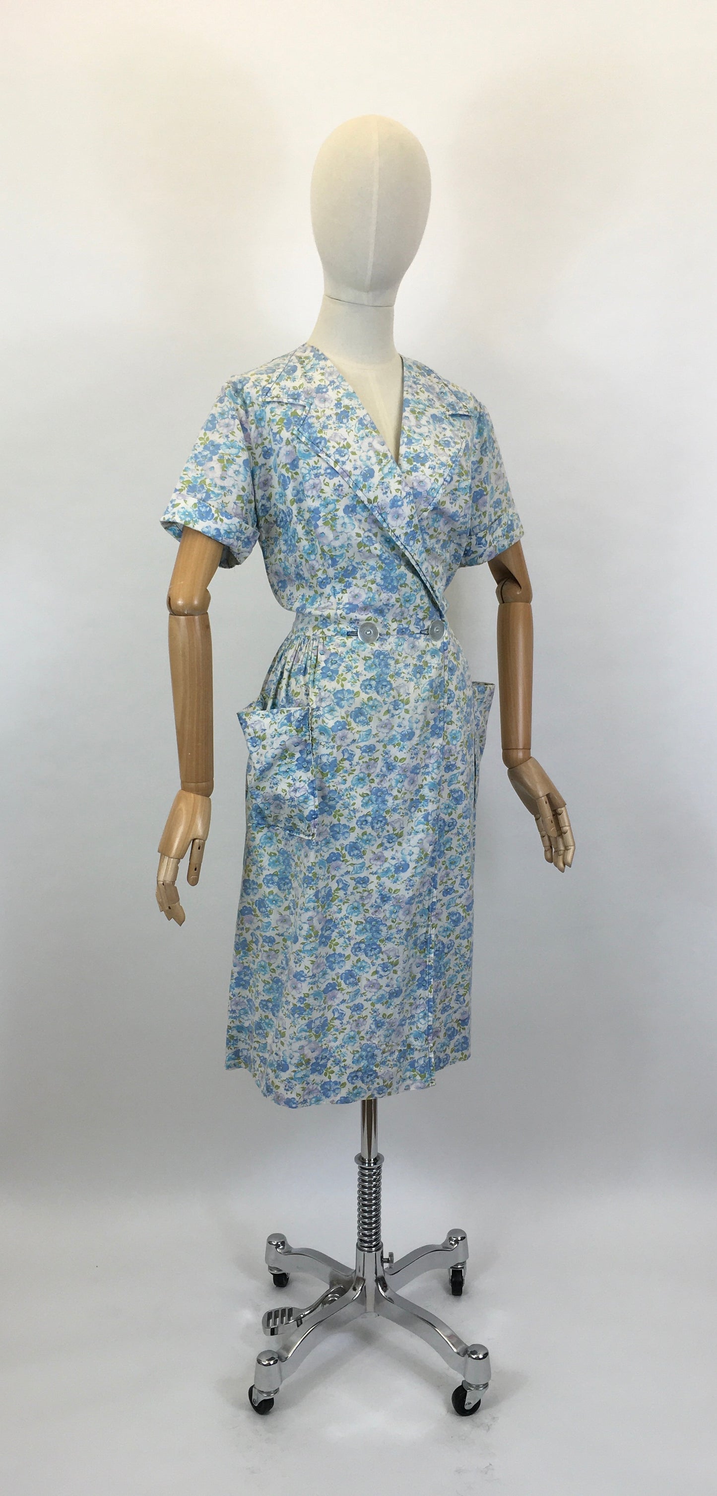 Original 1950’s Floral Cotton Wrap Dress - In A Blue, Green & White Colour Pallet