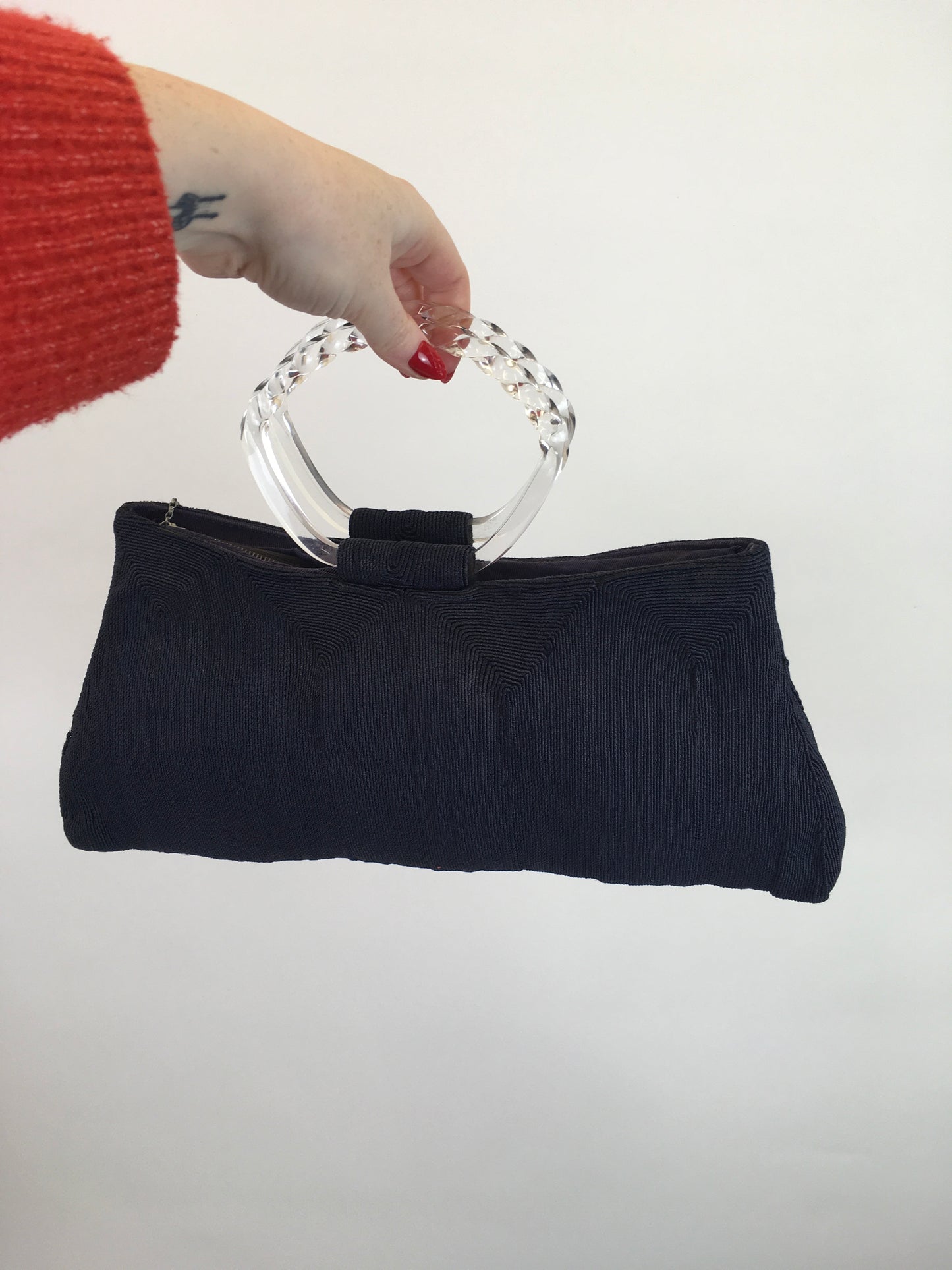 Original 1940’s STUNNING Navy ‘ Corde’ Handbag - With Twisted Lucite Double Handle and Chunky Pull