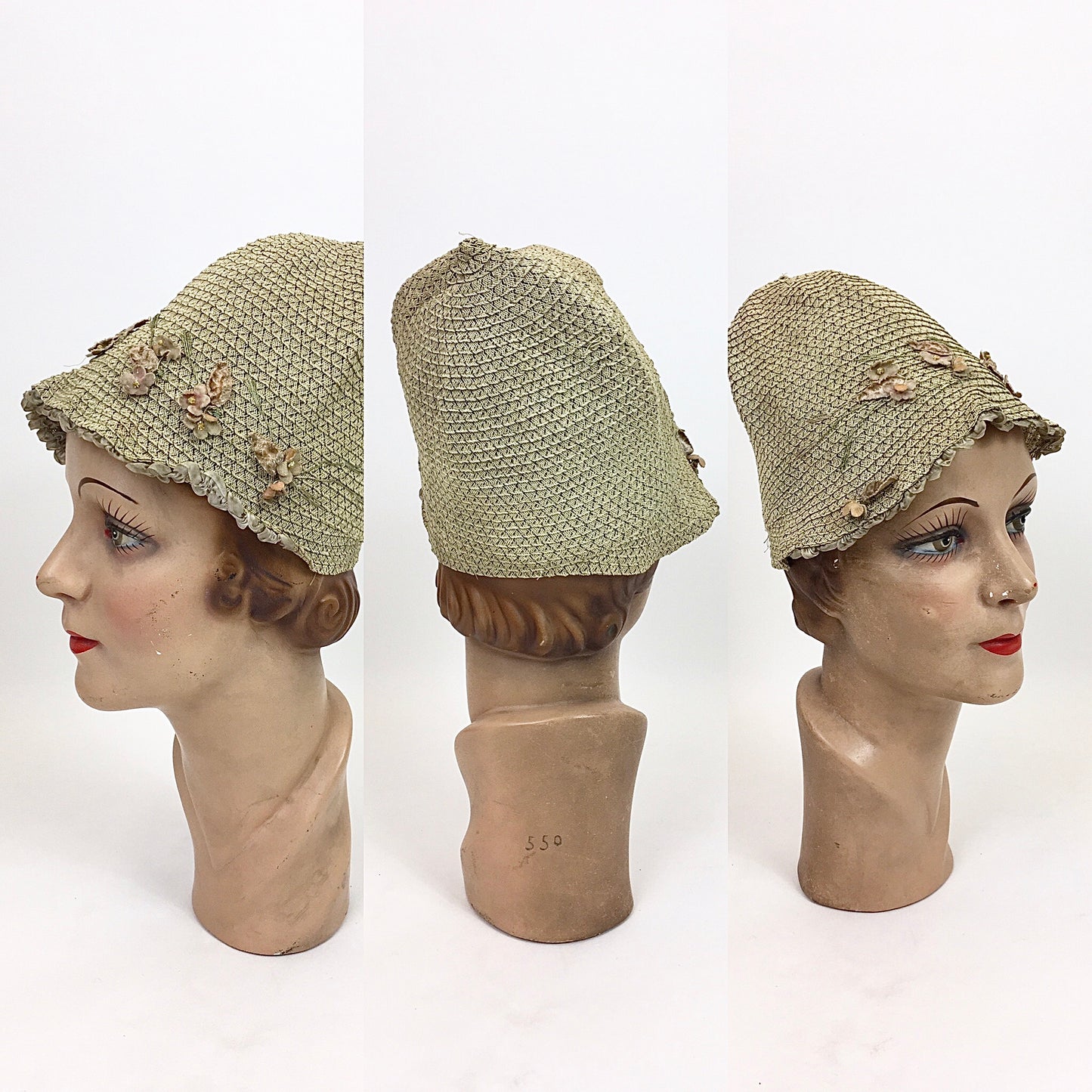 Original 1920's Darling Fabric Cloche Hat by ' Migola Reg'd' - With Dainty Velvet Floral Trims
