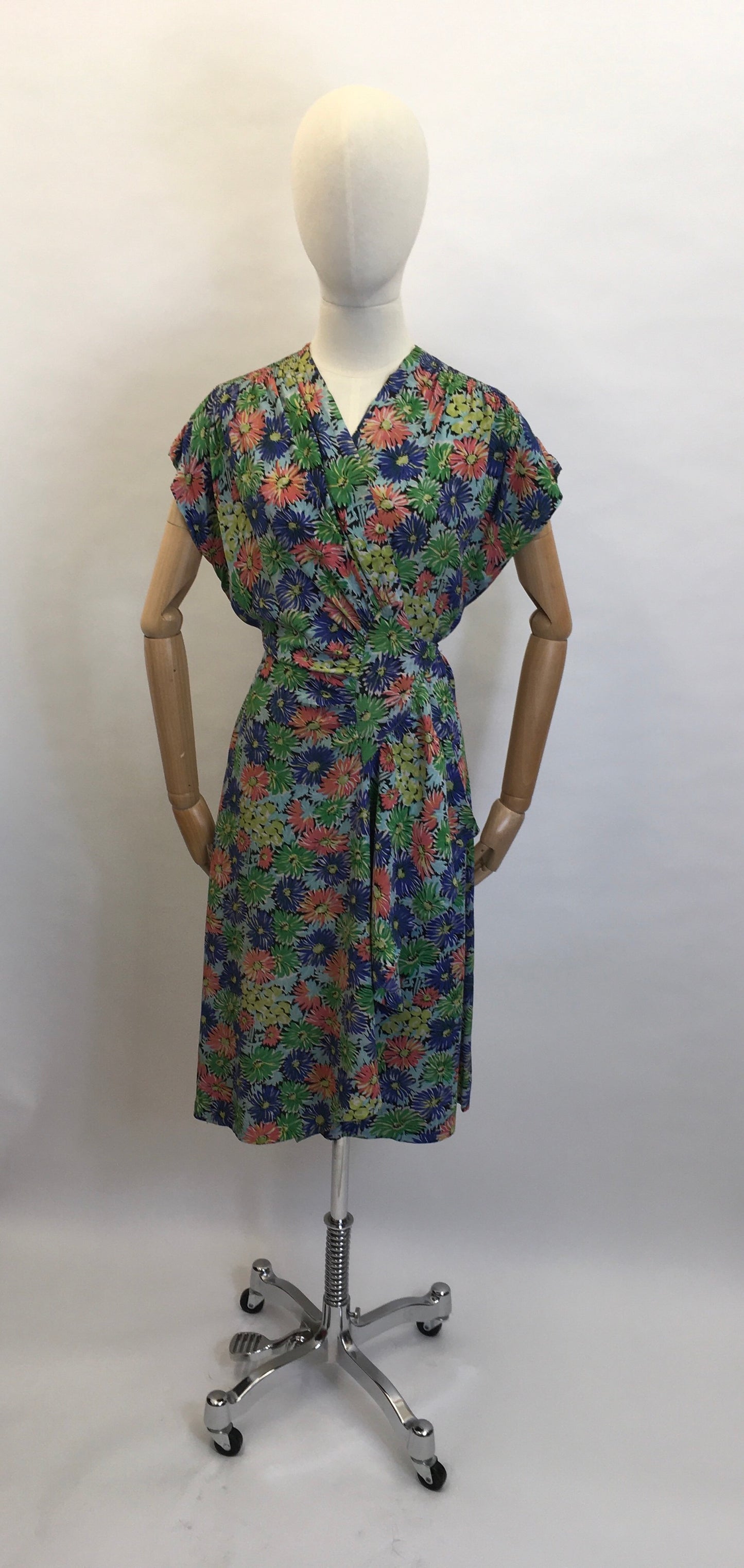 Original 1940’s STUNNING Floral Rayon Wrap Dress - Beautiful Waterfall Hip Swag