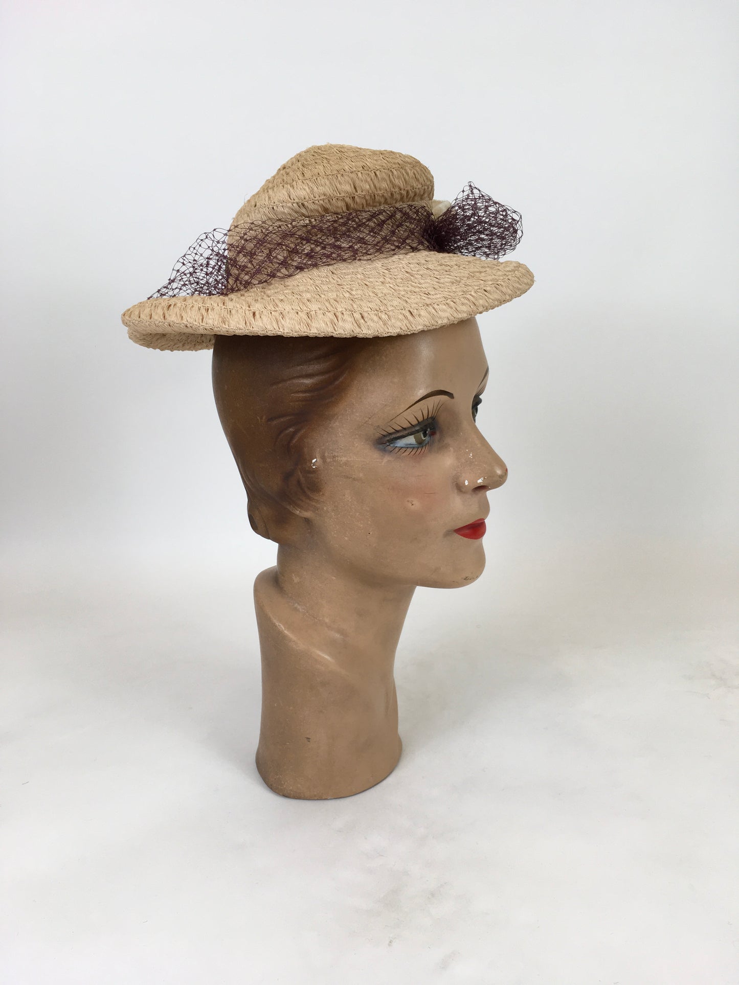 Original Late 1930's Darling Soft Raffia Hat - In A Pale Pink with Velvet Millinery and Deep Lavender Veiling