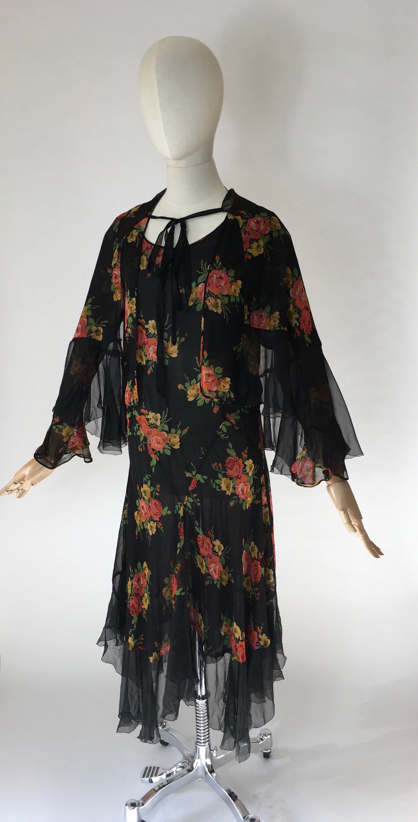 Original 1930’s SENSATIONAL 3pc Set in A Floral Chiffon - Dress, Jacket & Caplet Set