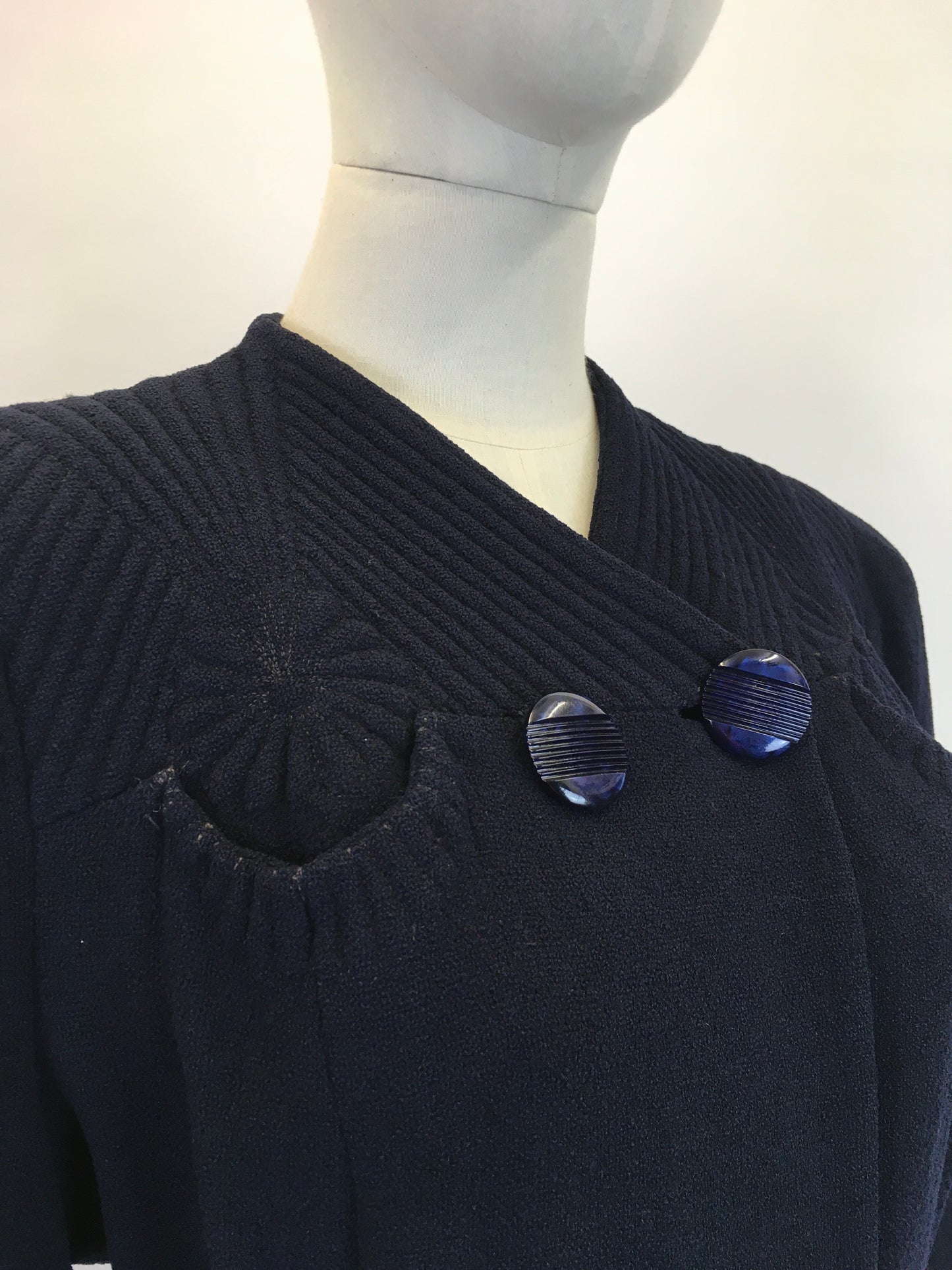 Original 1930’s Darling Navy Wool Crepe Coat - With Stunning Trapunto Detailing