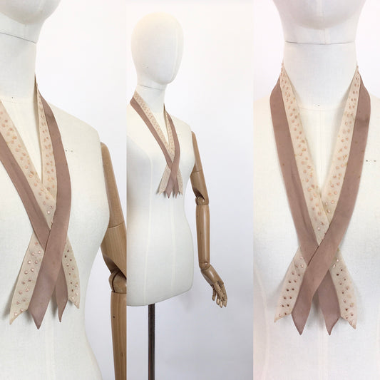 Vintage 1930's Darling Double Chiffon Collar - In Soft Fawn & Cream With Embroidery