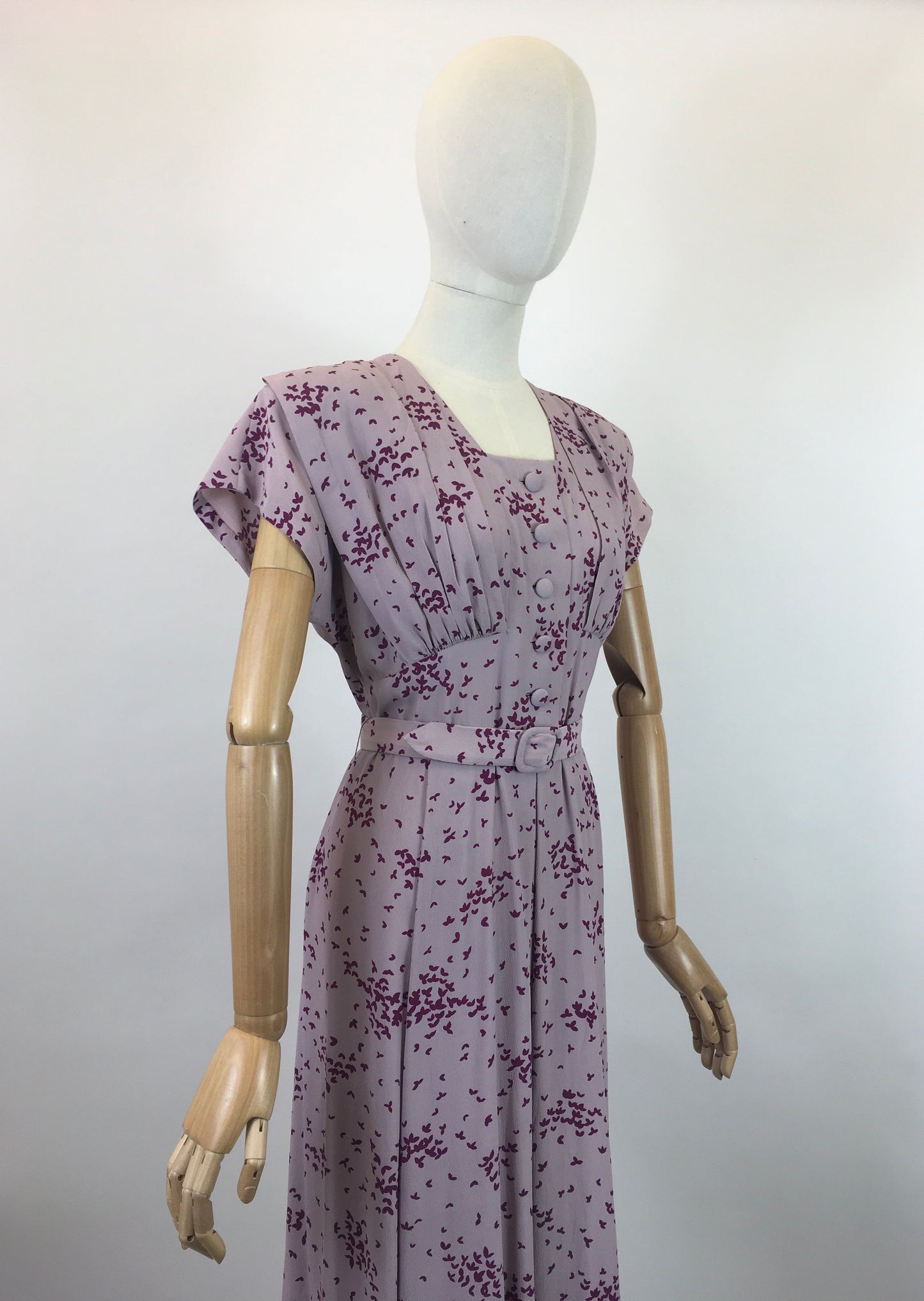 Original 1940's Darling Crepe Dress - In A Delicate Lilac with Berry Coloured Print