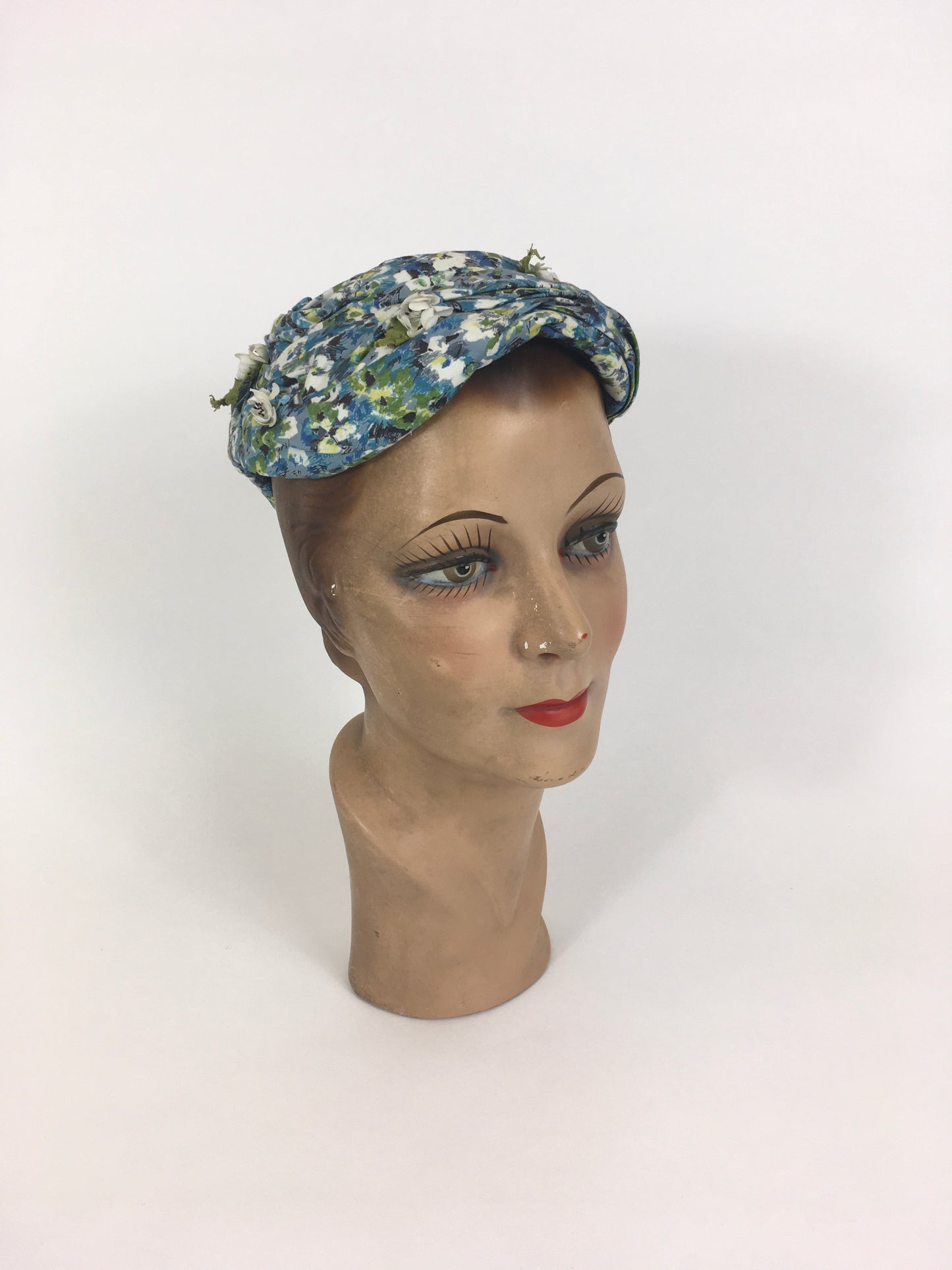Original 1950’s Darling Floral Headpiece With Flora & Velvet Trim - In Blues, Greens & Ivory