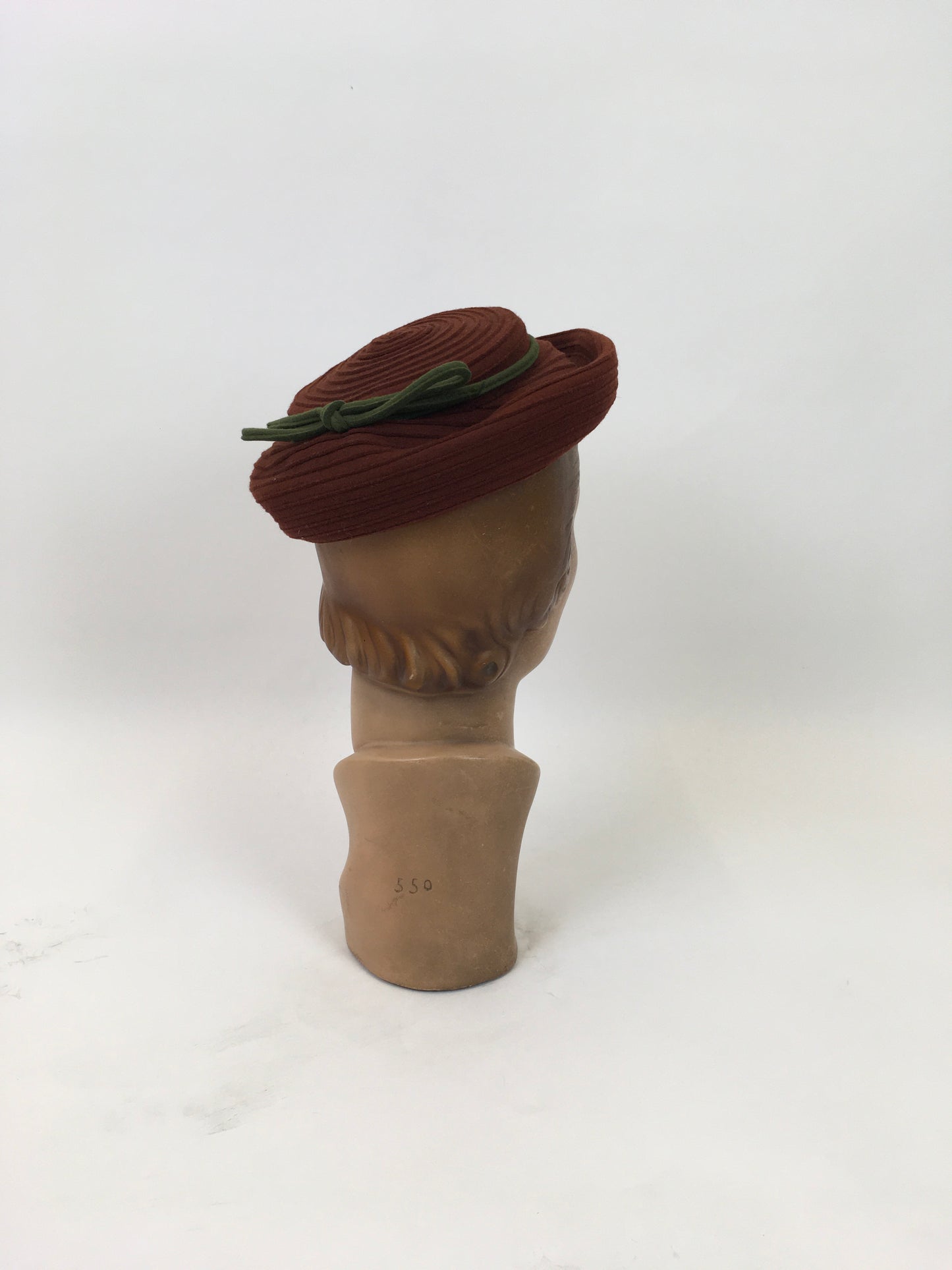 Original 1940's Darling Tilt Hat - In Rust With A Green Bow Trim