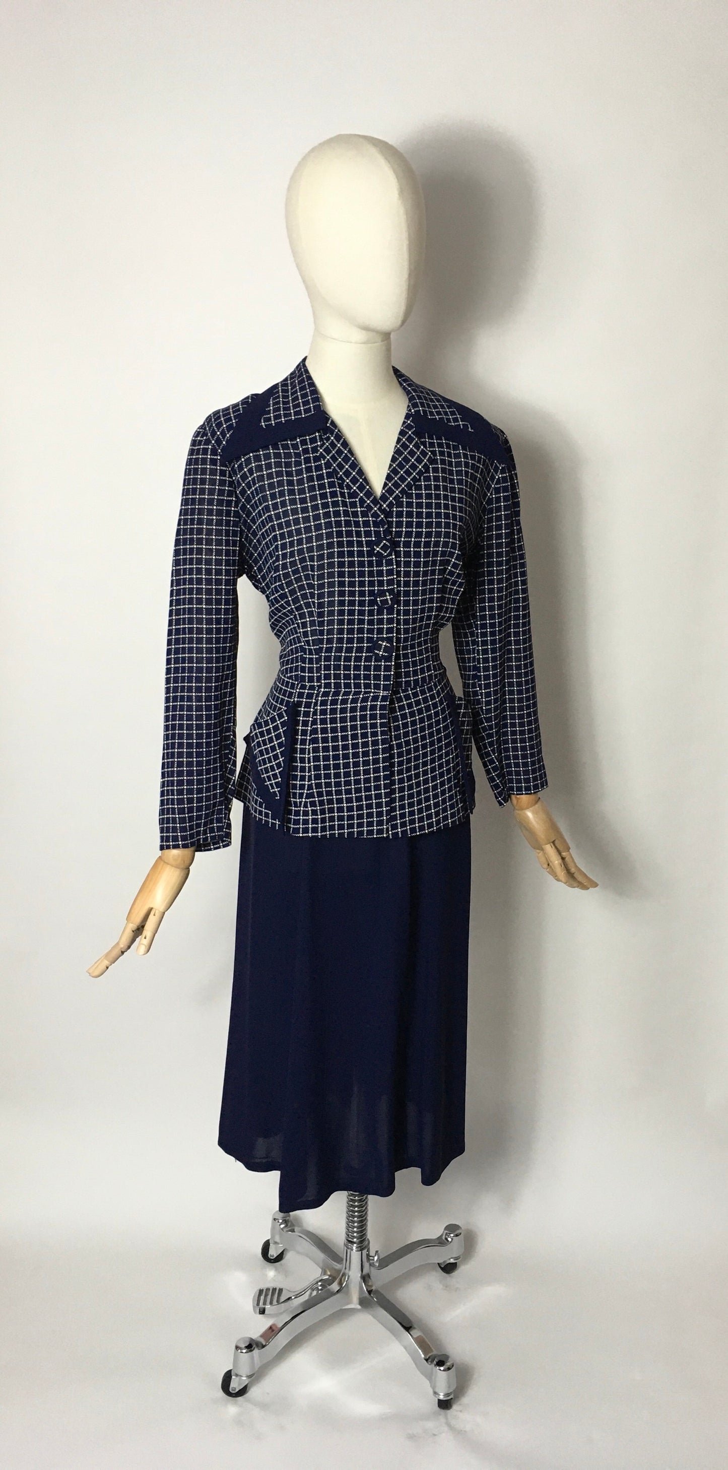 Original 1940’s Illusion Dress with Sharp Collar - Contrast Check & Navy Rayon