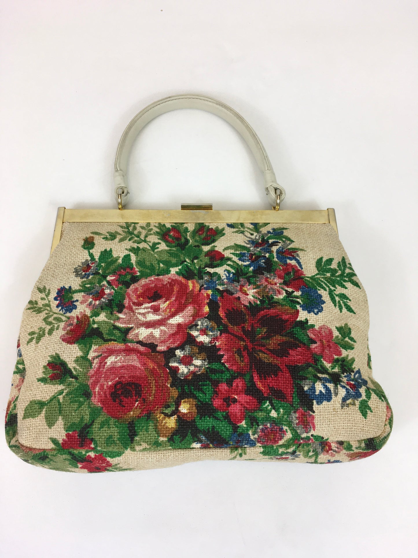 Original 1950’s Fabulous Floral Handbag - With Gold Metalwork Frame and Cream Handle