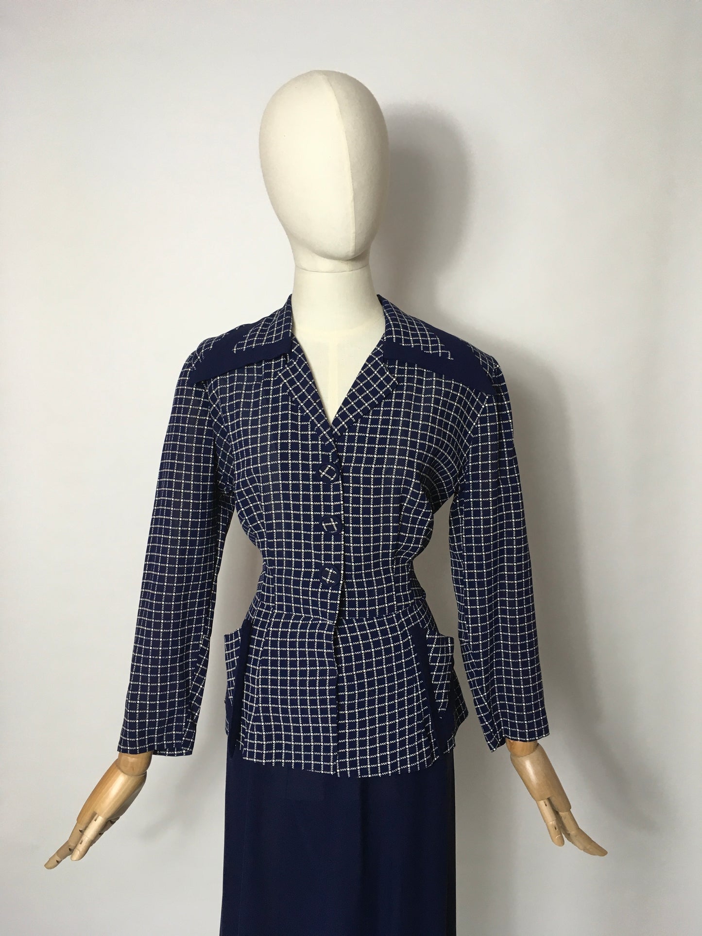 Original 1940’s Illusion Dress with Sharp Collar - Contrast Check & Navy Rayon