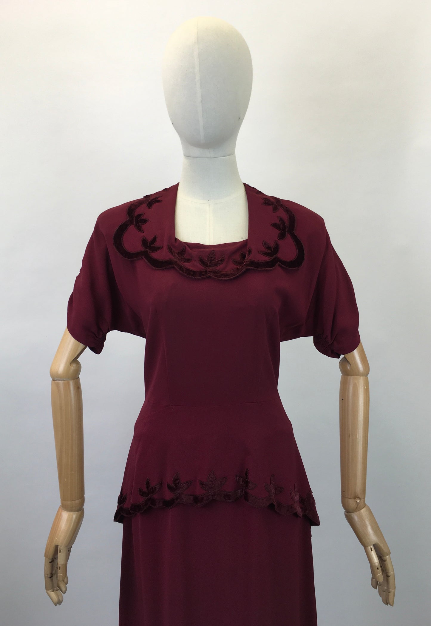 Original 1940's Sensational Cocktail Dress ' Styled By Adrian' - In Deep Wine with Velvet Trims