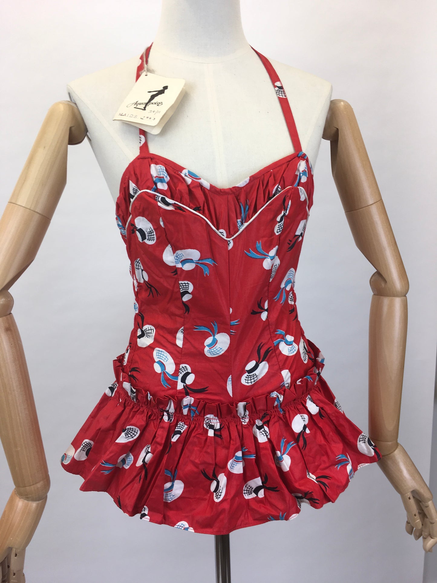 Original 1950s early 1960’s Deadstock ‘ Aquapoise’ Novelty Swimsuit - In a Fabulous Hat Print on Lipstick Red Cotton