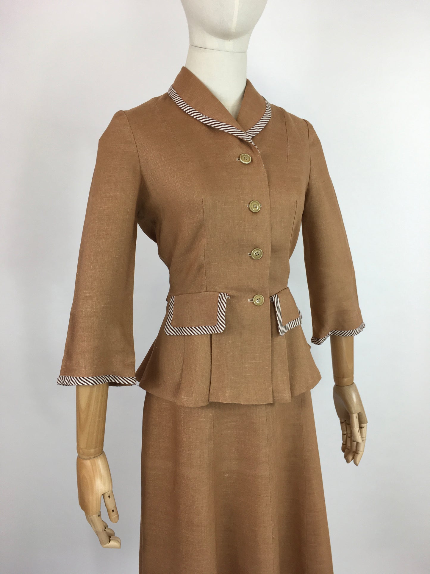 Original 1940’s 2 Piece Suit - In a Beautiful Soft Caramel Linen Colour With Contrast Stripe Detailing