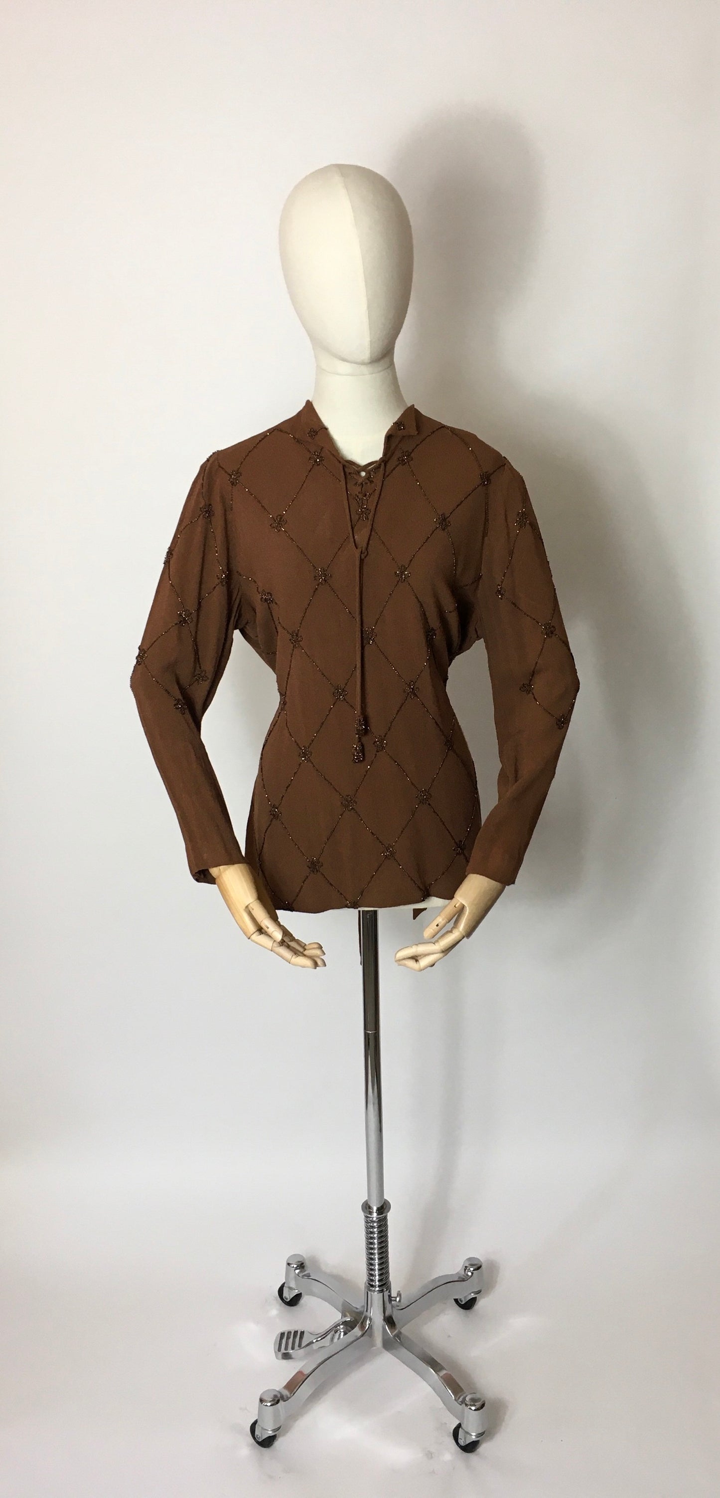 Original 1940’s Double Eleven Plate Label Tunic - Featuring Stunning Bronze Beaded Bodice Detailing on an Autumnal Brown Crepe