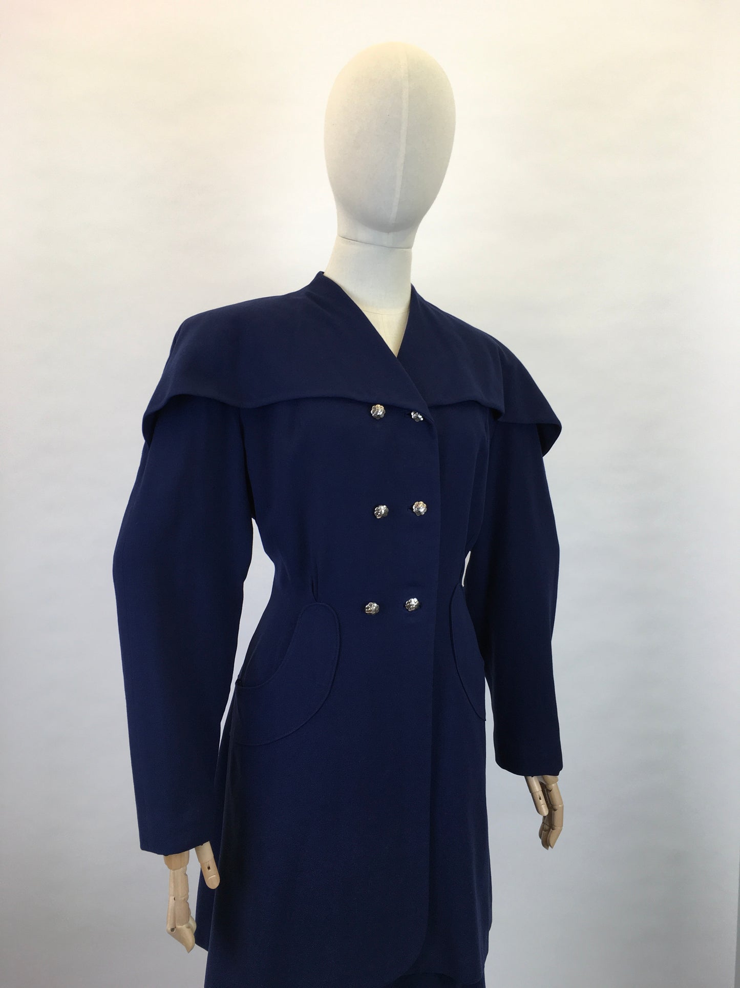 Original 1940s STUNNING Navy 2 pc Suit - With PHENOMENAL Long Line Silhouette and Cape Style Overlay