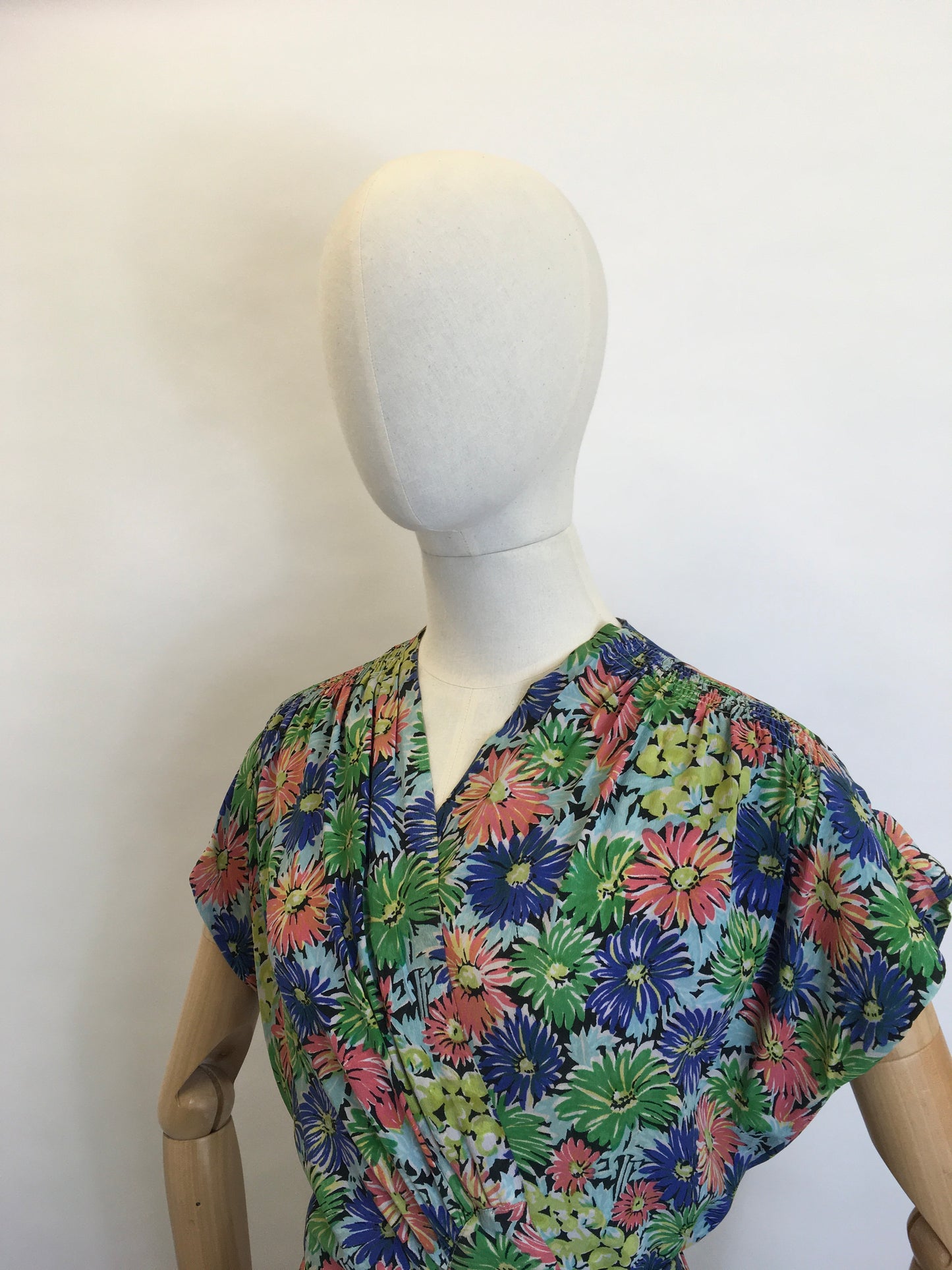 Original 1940’s STUNNING Floral Rayon Wrap Dress - Beautiful Waterfall Hip Swag