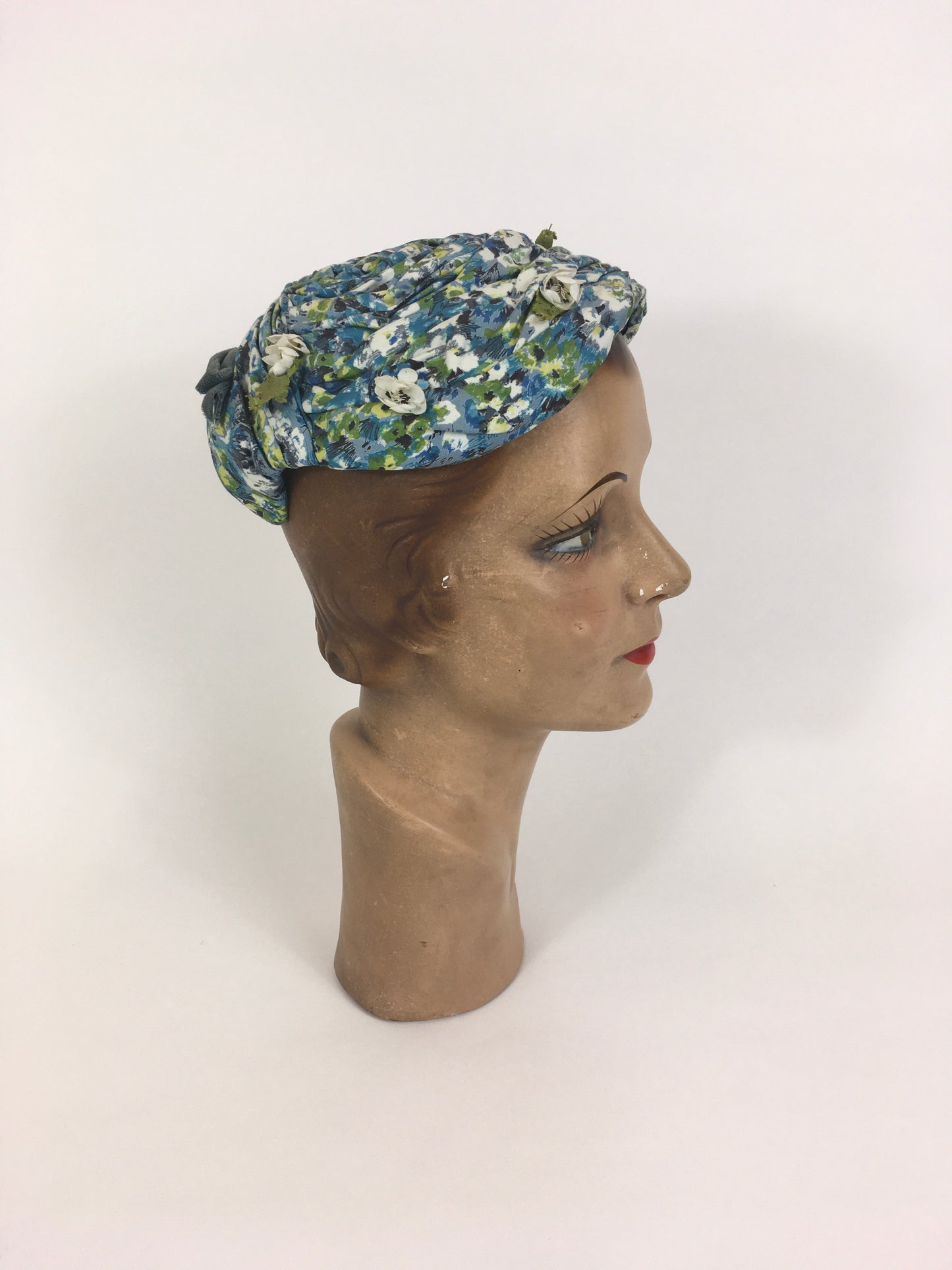 Original 1950’s Darling Floral Headpiece With Flora & Velvet Trim - In Blues, Greens & Ivory