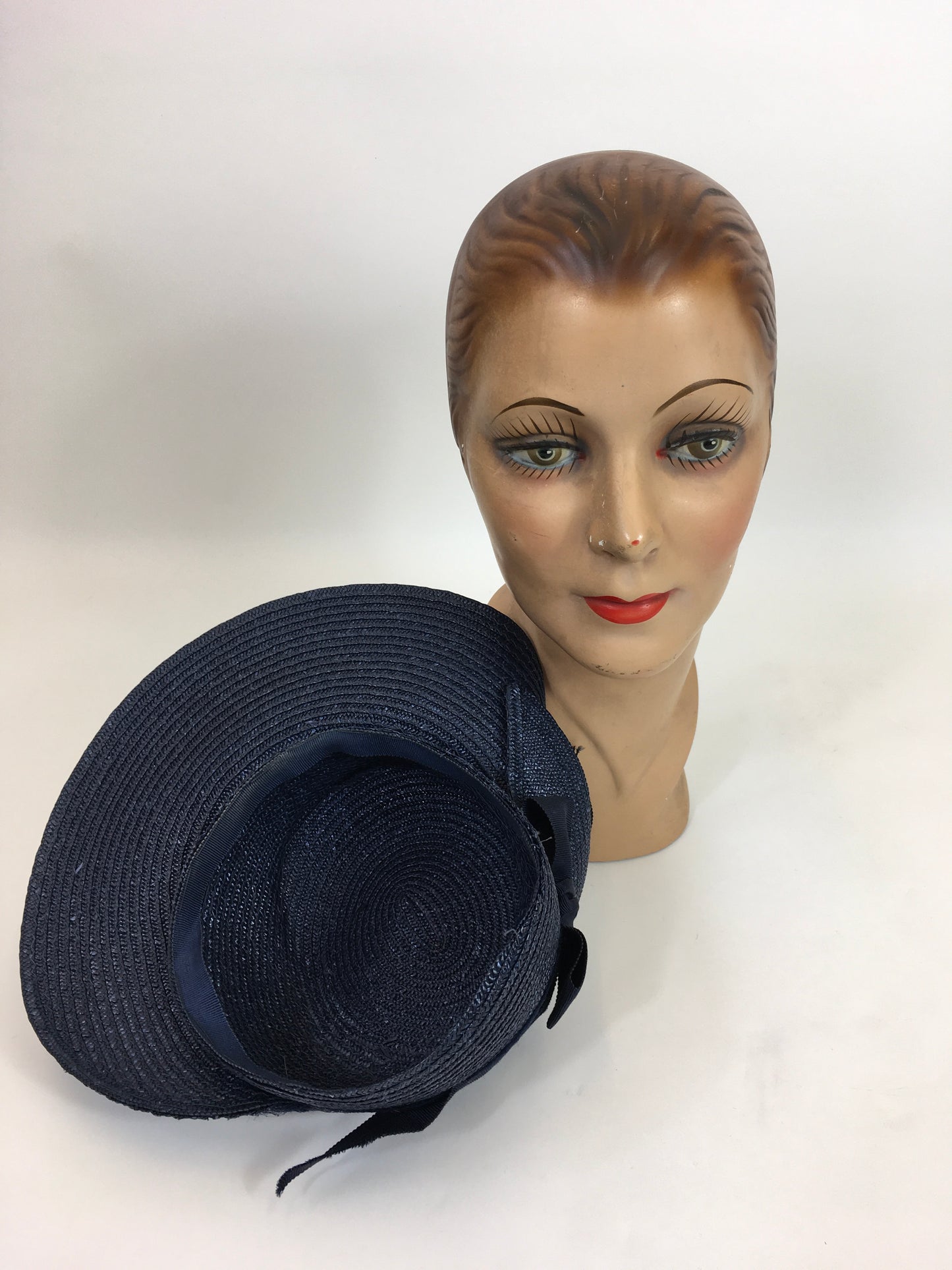 Original 1930’s Stunning Straw Hat - In A Deep Navy With Florals
