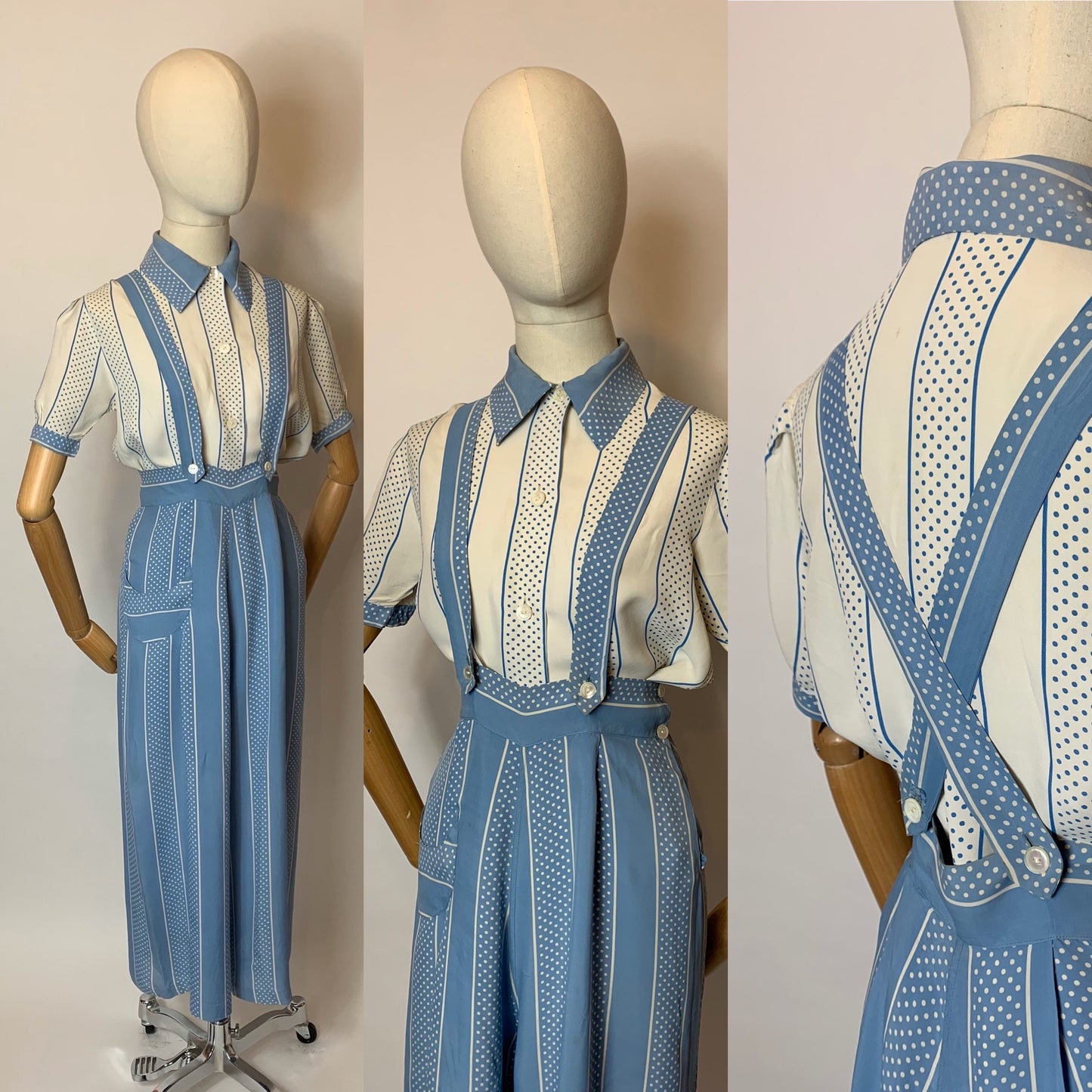 Original 1940’s 2 pc Blouse & Dungaree Set - In the Most Summery Of Colour Pallets with Polka Dots