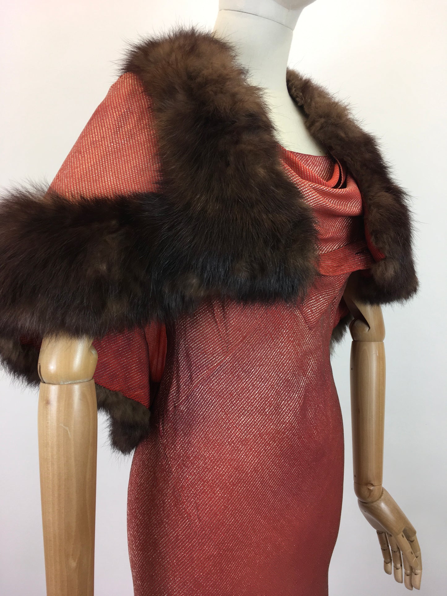 Original SENSATIONAL 1930's Evening Gown with Capelet - In Burnt Orange and Gold Lame with Rabbit Fur Trim
