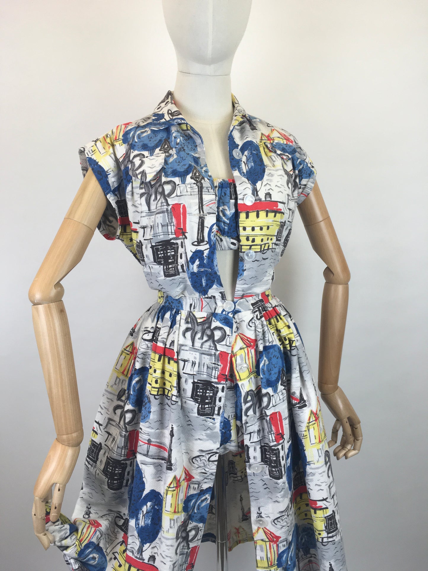 Original 1950s 4 pc Sun Set In Novelty Print Barkcloth - Sun Top, Blouse, Bloomer Shorts and Skirt