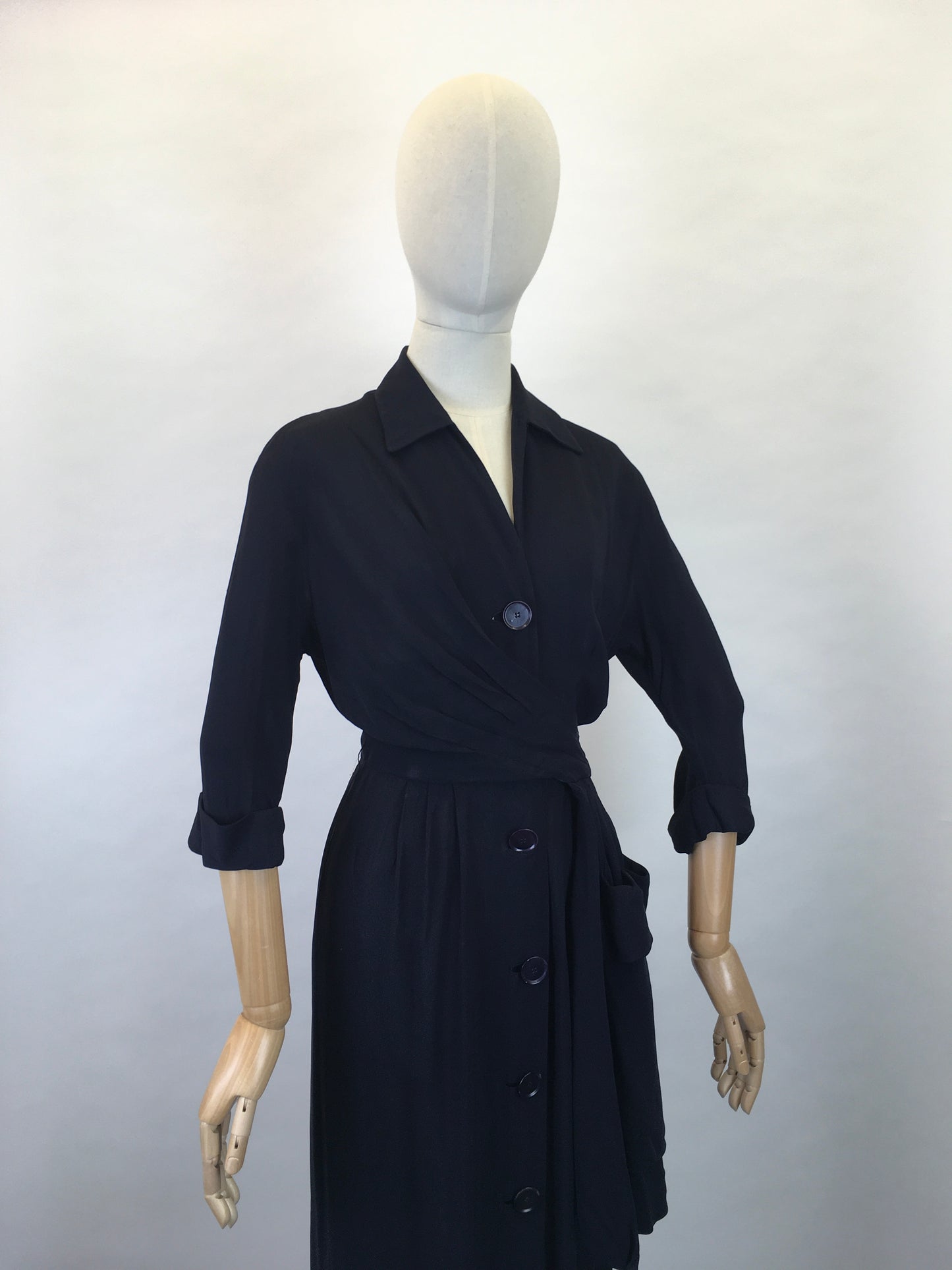 Original 1940s Stunning ‘ Herbert Stonheim ‘ Couture Dress - In a Navy Sheer Rayon with Wrap Hip Swag and Pocket