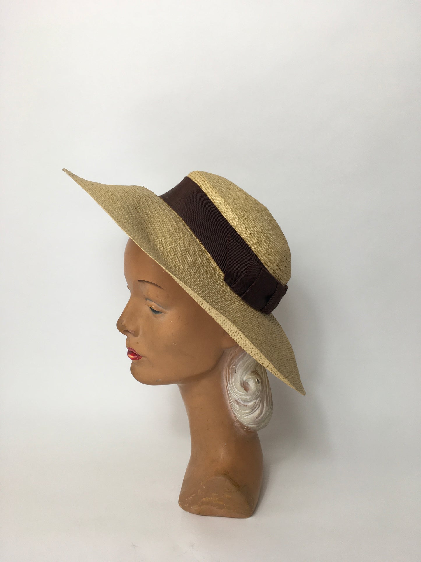 Original 1930’s Straw Hat with Brown Grosgrain Ribbon Trim - A Festival Of Vintage Fashion Show Exclusive