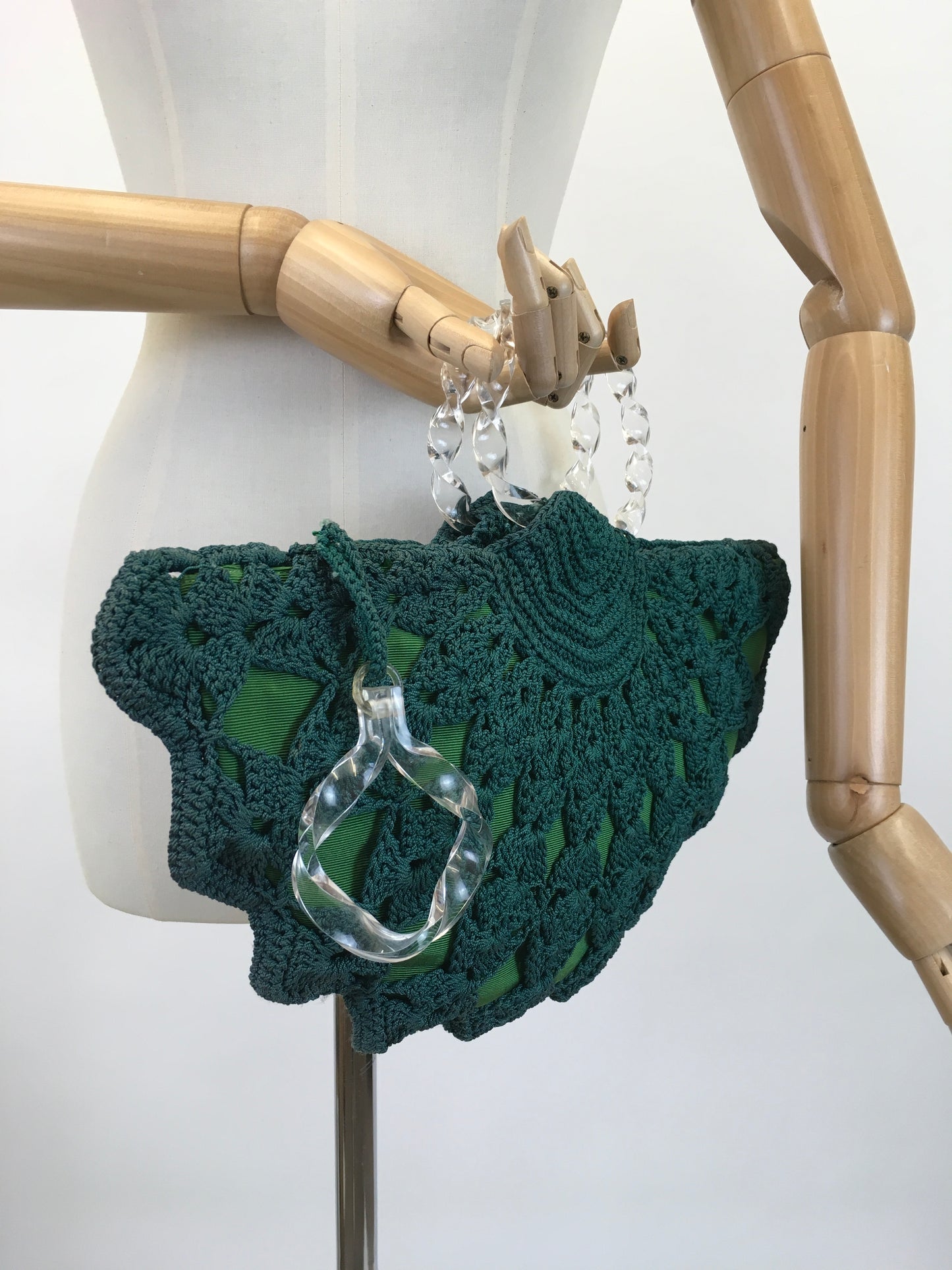 Original 1940's Sensational Crochet and Lucite Fan Handbag - In A Bottle Green