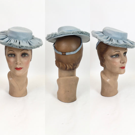 Original 1940's Stunning Toy Topper Hat - In A Pale Duck Egg Blue