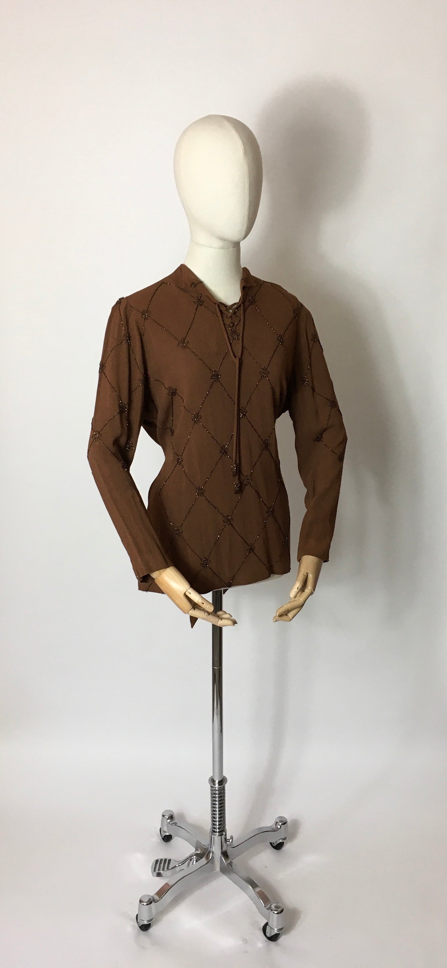 Original 1940’s Double Eleven Plate Label Tunic - Featuring Stunning Bronze Beaded Bodice Detailing on an Autumnal Brown Crepe