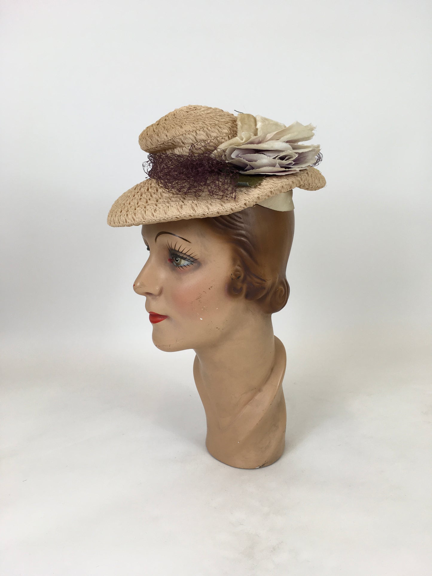Original Late 1930's Darling Soft Raffia Hat - In A Pale Pink with Velvet Millinery and Deep Lavender Veiling