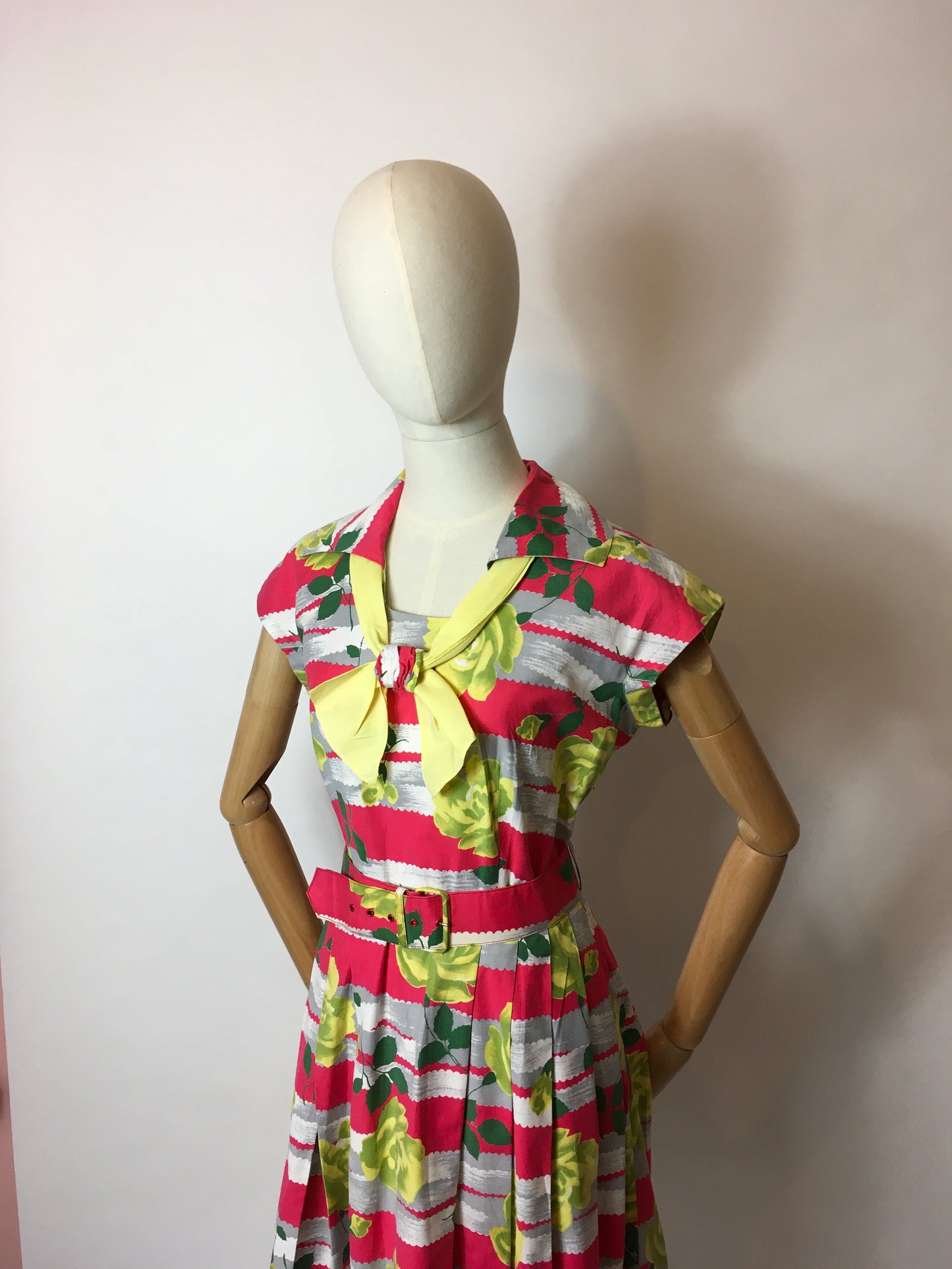 Original 1950s Cotton Day Dress - In a Fabulous Floral Cotton in Bright Pinks, Yellows & Greens