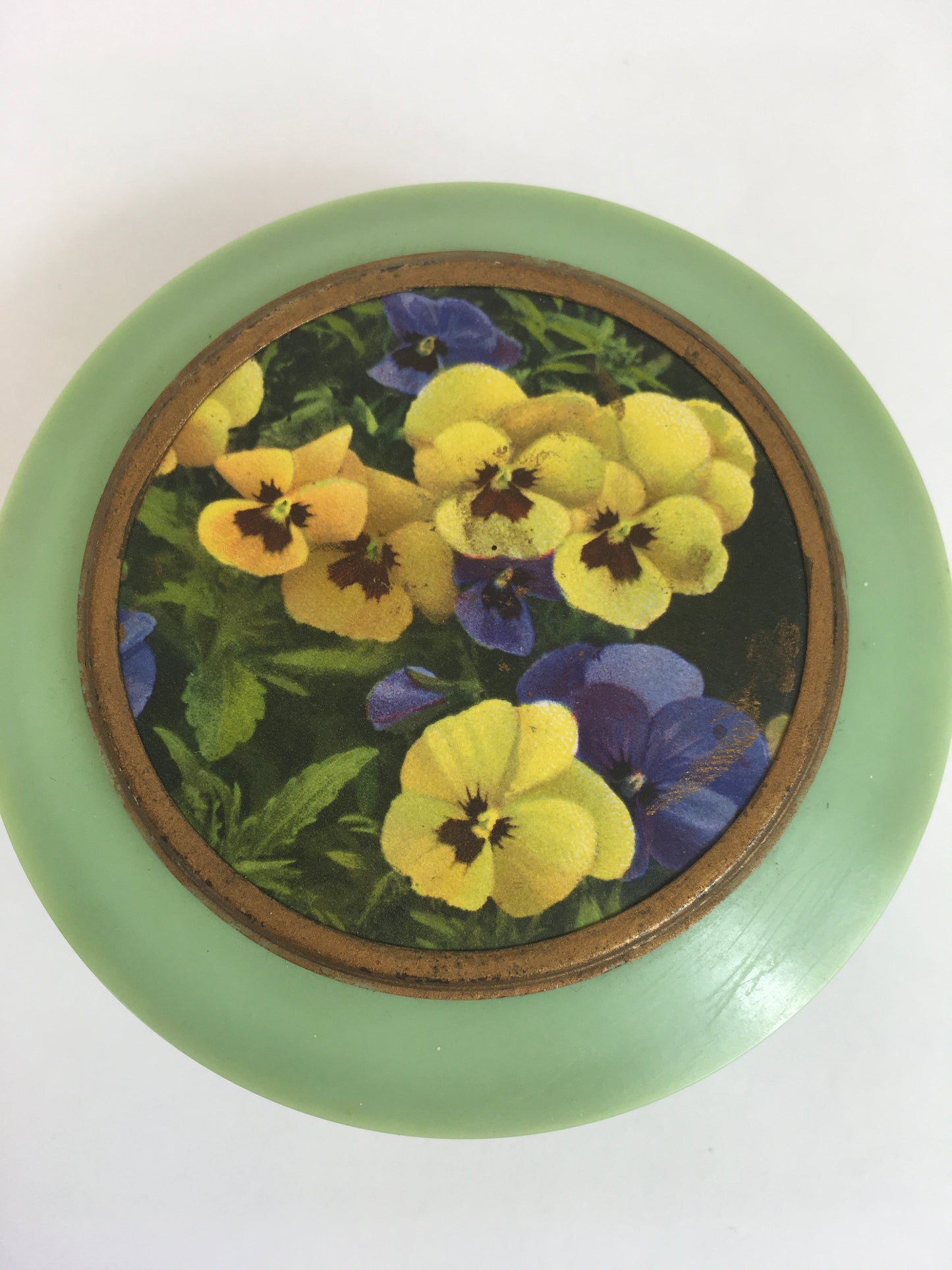 Original Late 1940’s Early 1950’s ‘ Du Barry’ Powder Pot - In Deco Mint Green with Pansy Posies Adornment