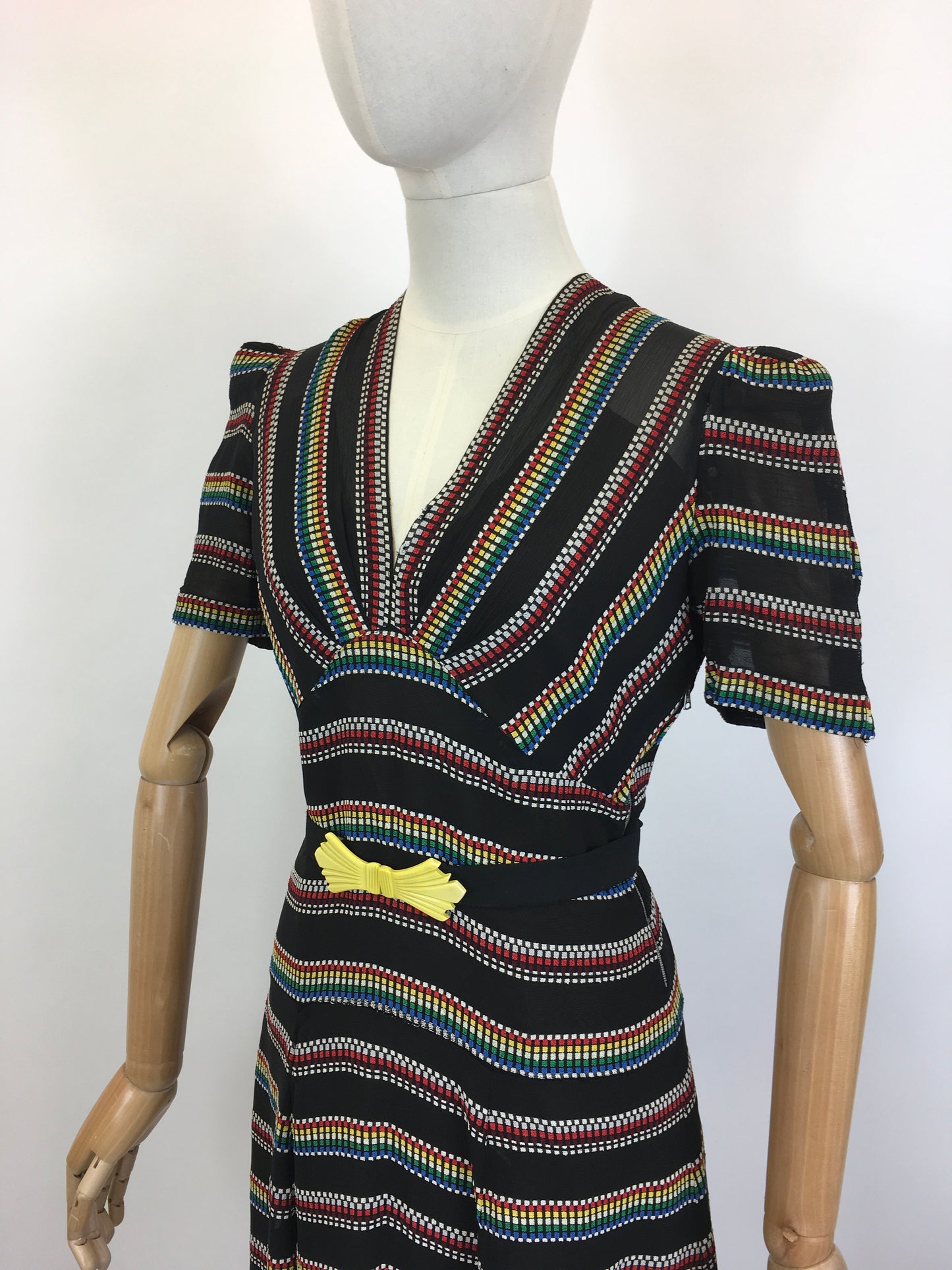 Original 1930’s Stunning Dress in a Sheer Crepe - With A Multicoloured Embroidered Weave